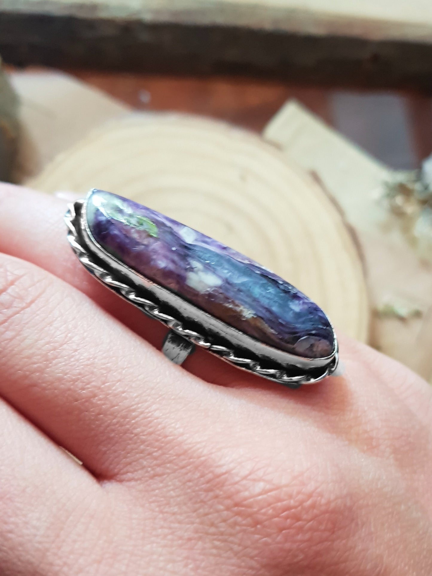 Charoite Statement Ring Teardrop Ring Size US 8 1/2 Sterling Silver Gemstone Ring Boho Ring Unique Jewelry