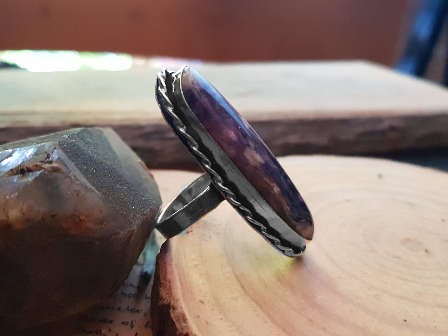 Charoite Statement Ring Teardrop Ring Size US 8 1/2 Sterling Silver Gemstone Ring Boho Ring Unique Jewelry