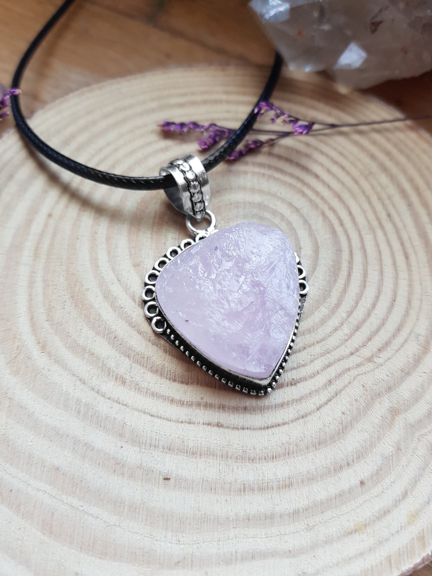 Boho necklace with a natural raw rose quartz gemstone in sterling silver.