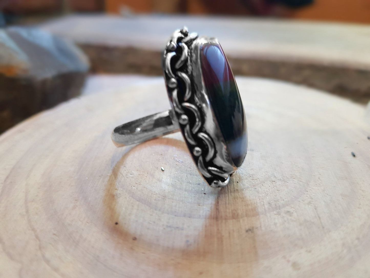 Jasper Statement Ring In Sterling Silver Size US 9 3/4 Boho Crystal Ring GypsyJewelry Unique Gift Unisex Ring - LunarGem -