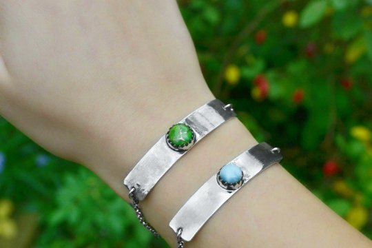 Larimar Gemstone Bracelet, Rustic Boho Bracelet, Sterling Silver Adjustable Bracelet, Boho Chic, GypsyJewelry, Unique Gift For Her - LunarGem - Bracelets