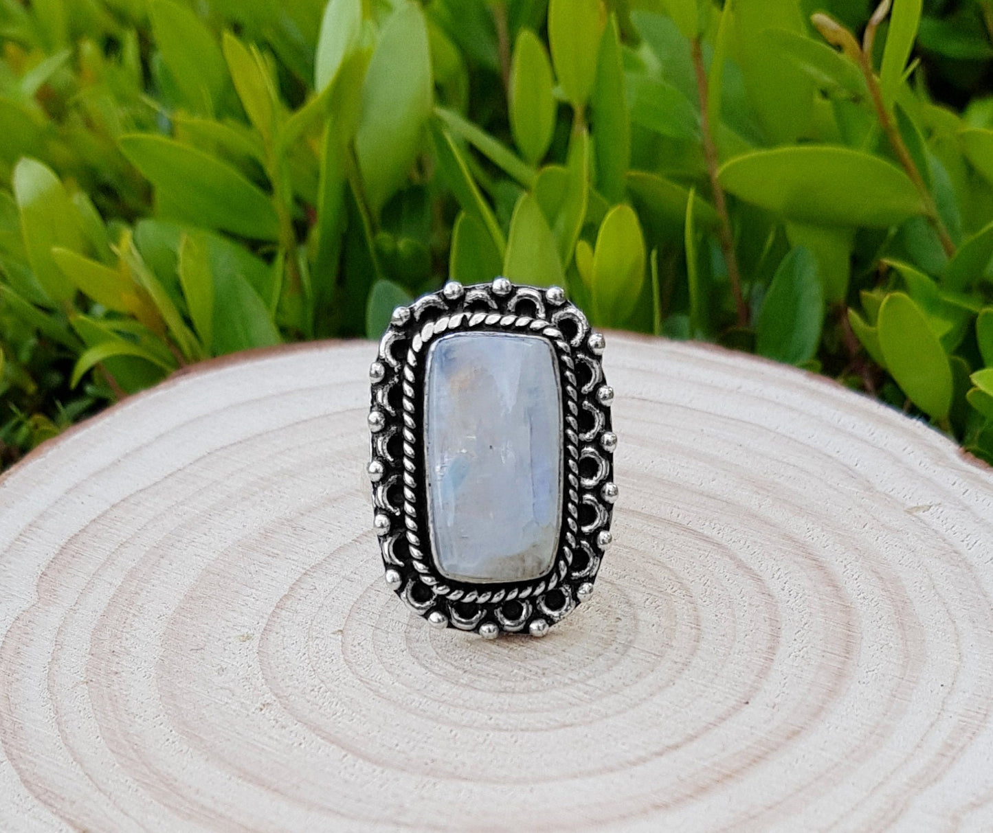 Rainbow Moonstone Statement Ring Sterling Silver Boho Rings Size US 7 1/2 Unique Jewelry One Of A Kind Gift GypsyJewelry - LunarGem - Rings