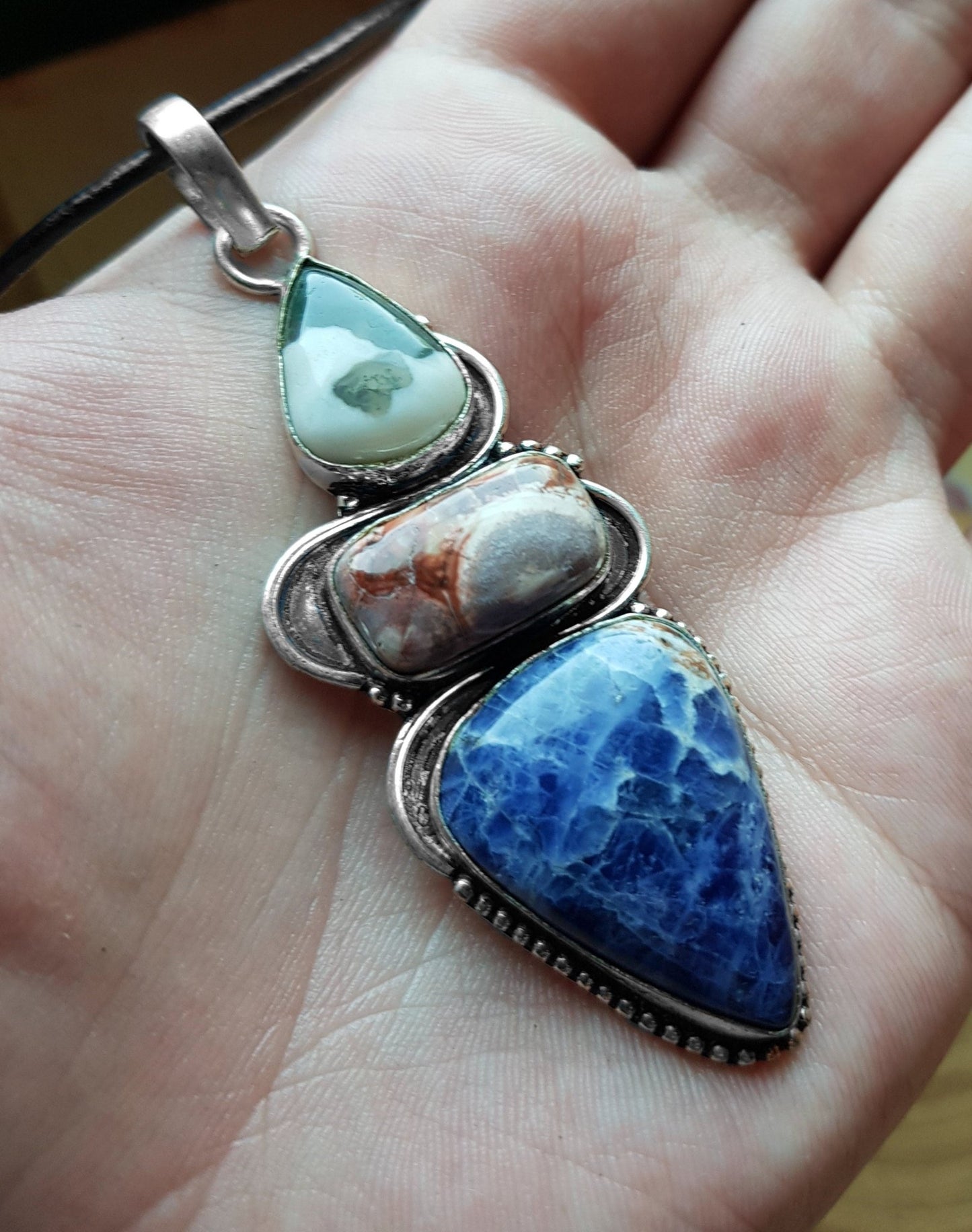 Sodalite Multi Stone Pendant In Sterling Silver Boho Crystal Necklace Unique Gift For Women GypsyJewelry - LunarGem -