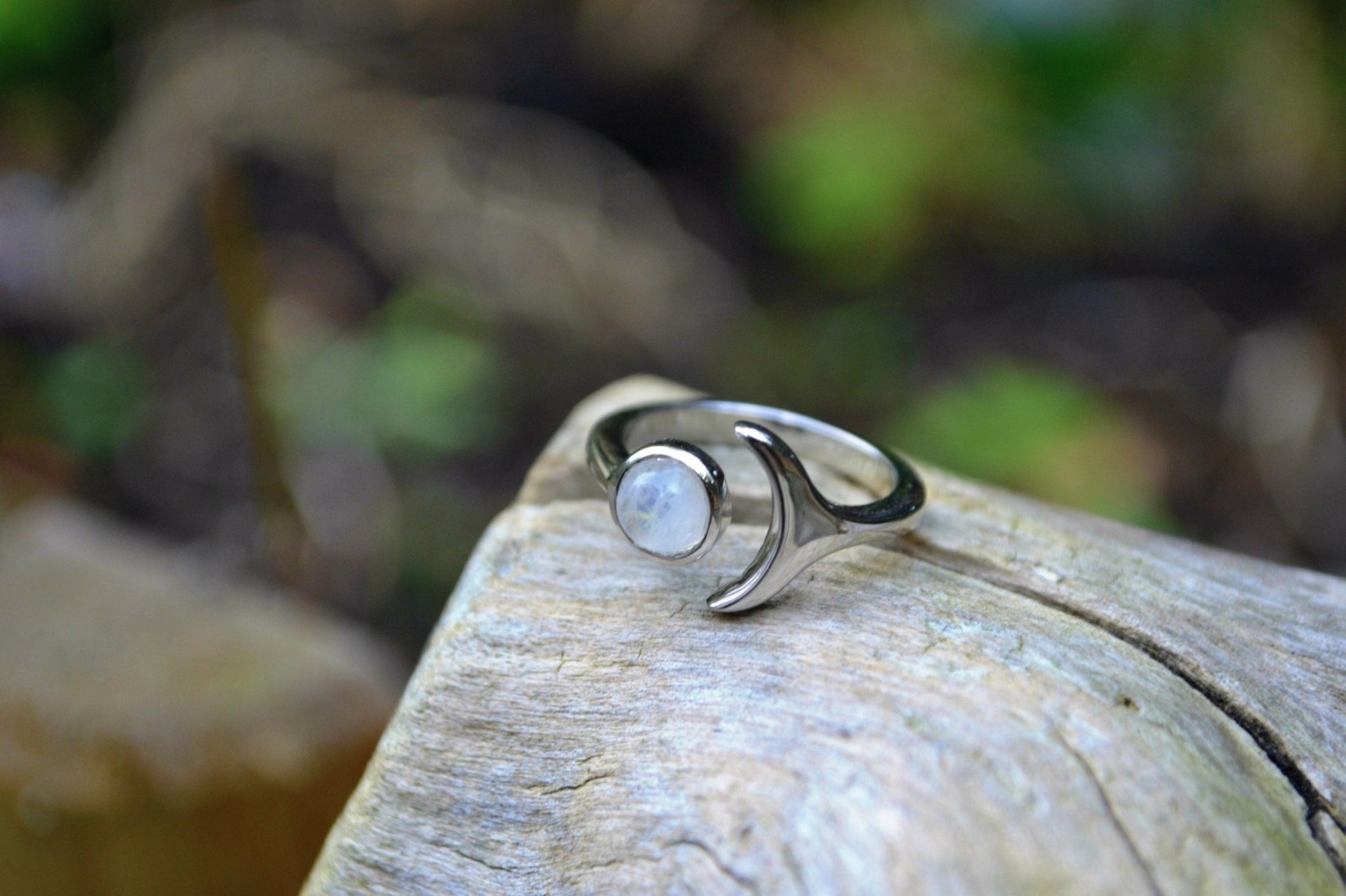 Adjustable Moonstone Ring: Sterling Silver Crescent Moon, Boho Statement - LunarGem - 