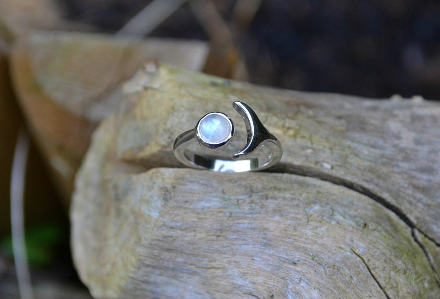Adjustable Moonstone Ring: Sterling Silver Crescent Moon, Boho Statement - LunarGem - 