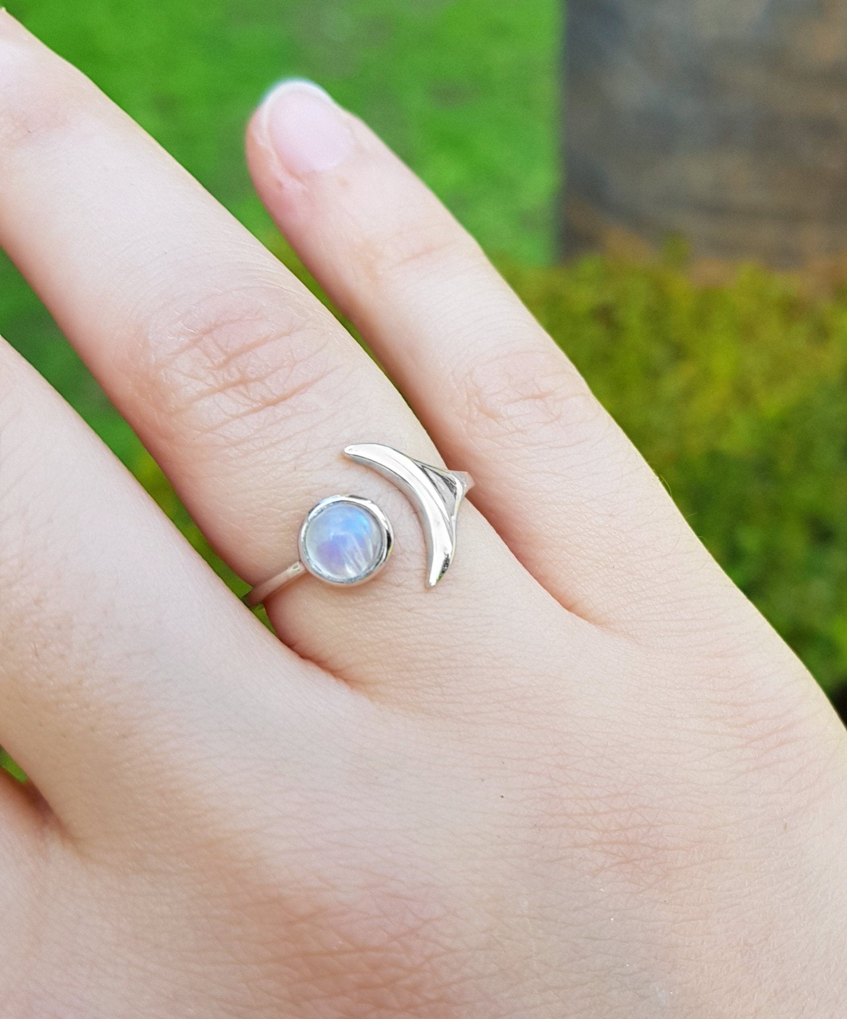 Adjustable Moonstone Ring: Sterling Silver Crescent Moon, Boho Statement - LunarGem - 