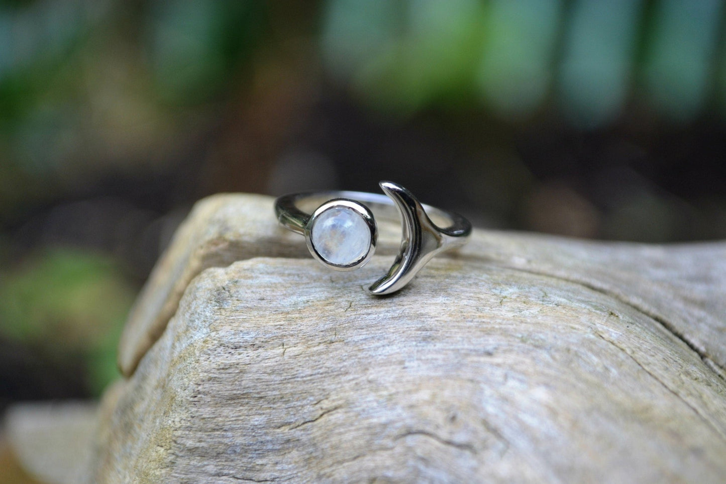 Adjustable Moonstone Ring: Sterling Silver Crescent Moon, Boho Statement - LunarGem - 
