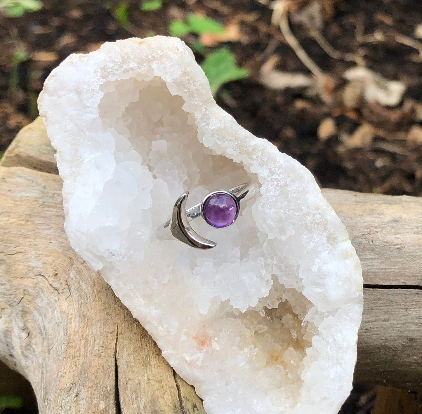 Adjustable Moonstone Ring: Sterling Silver Crescent Moon, Boho Statement - LunarGem - 