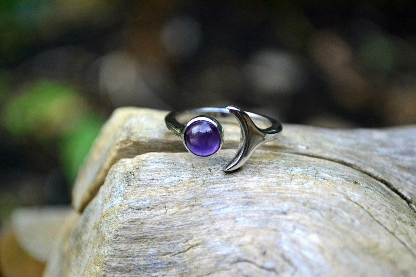 Adjustable Moonstone Ring: Sterling Silver Crescent Moon, Boho Statement - LunarGem - 