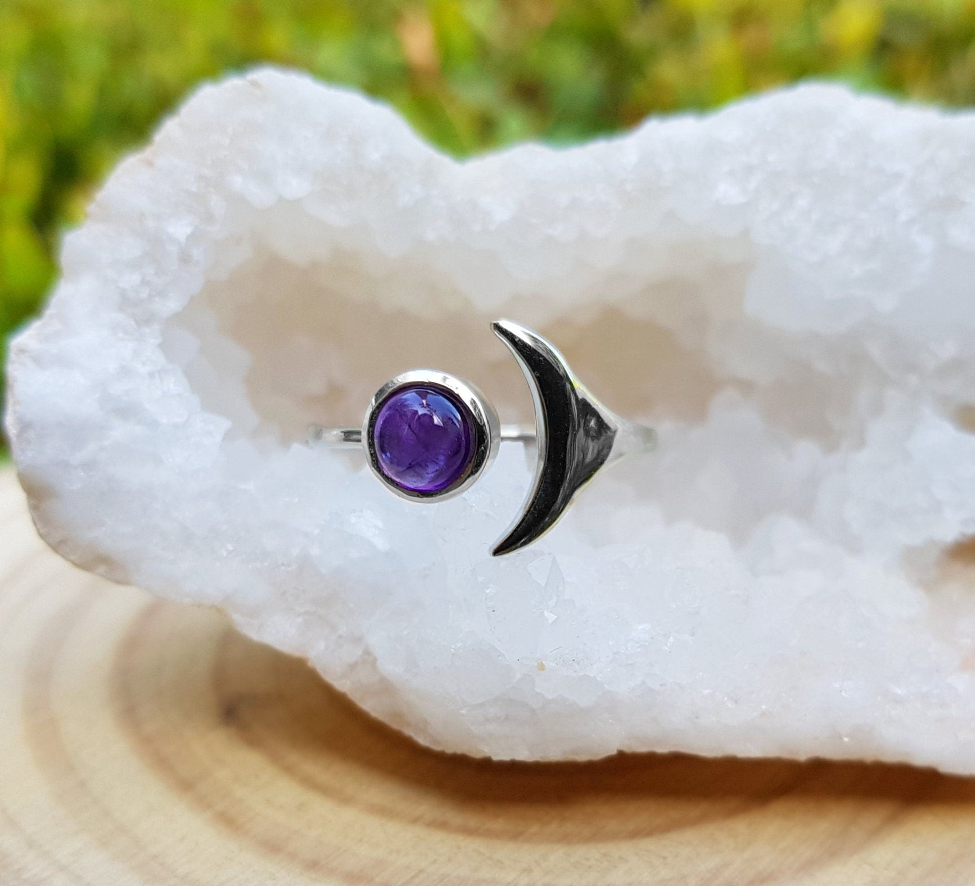 Adjustable Moonstone Ring: Sterling Silver Crescent Moon, Boho Statement - LunarGem - 