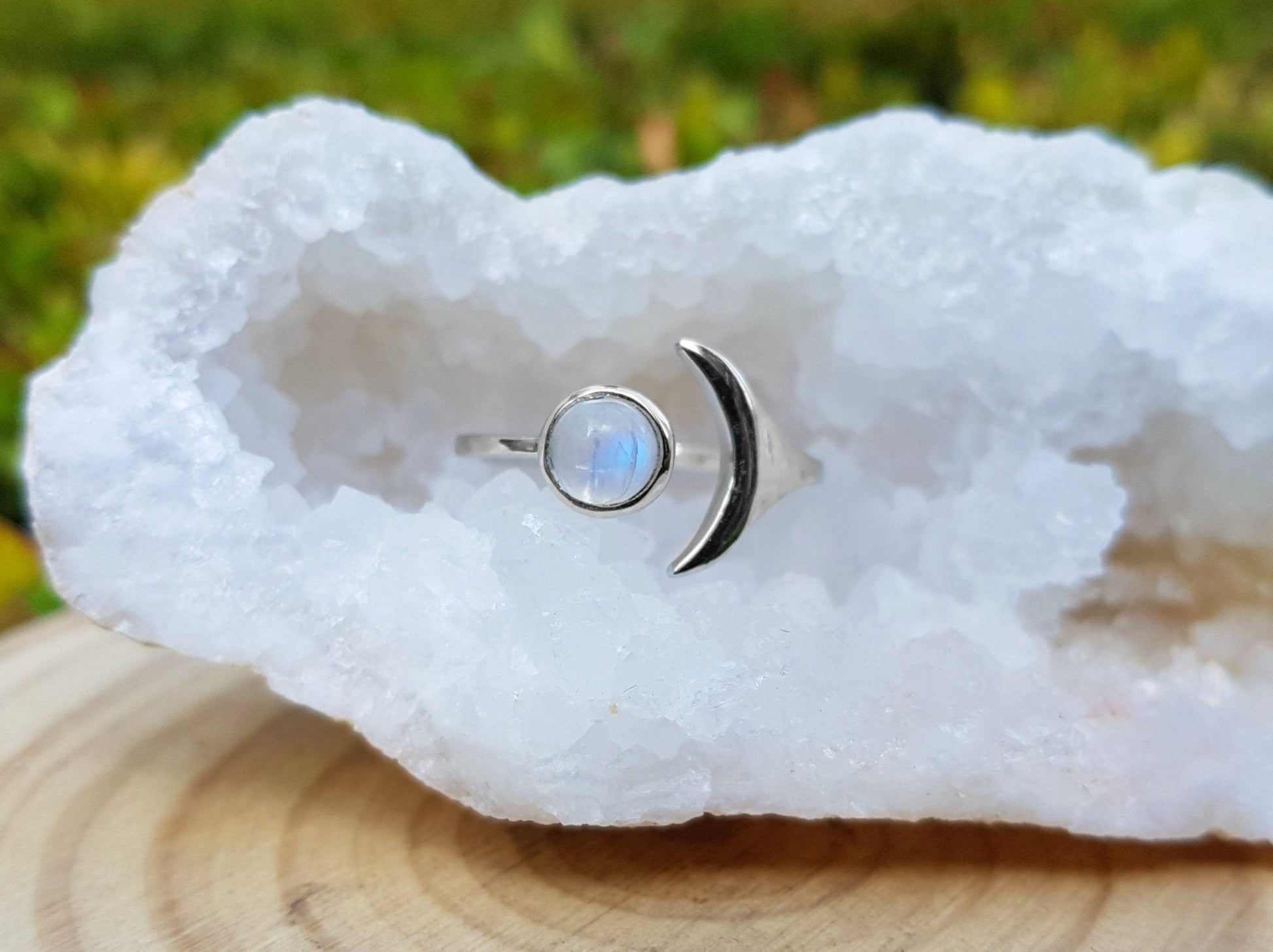 Adjustable Moonstone Ring: Sterling Silver Crescent Moon, Boho Statement - LunarGem - 