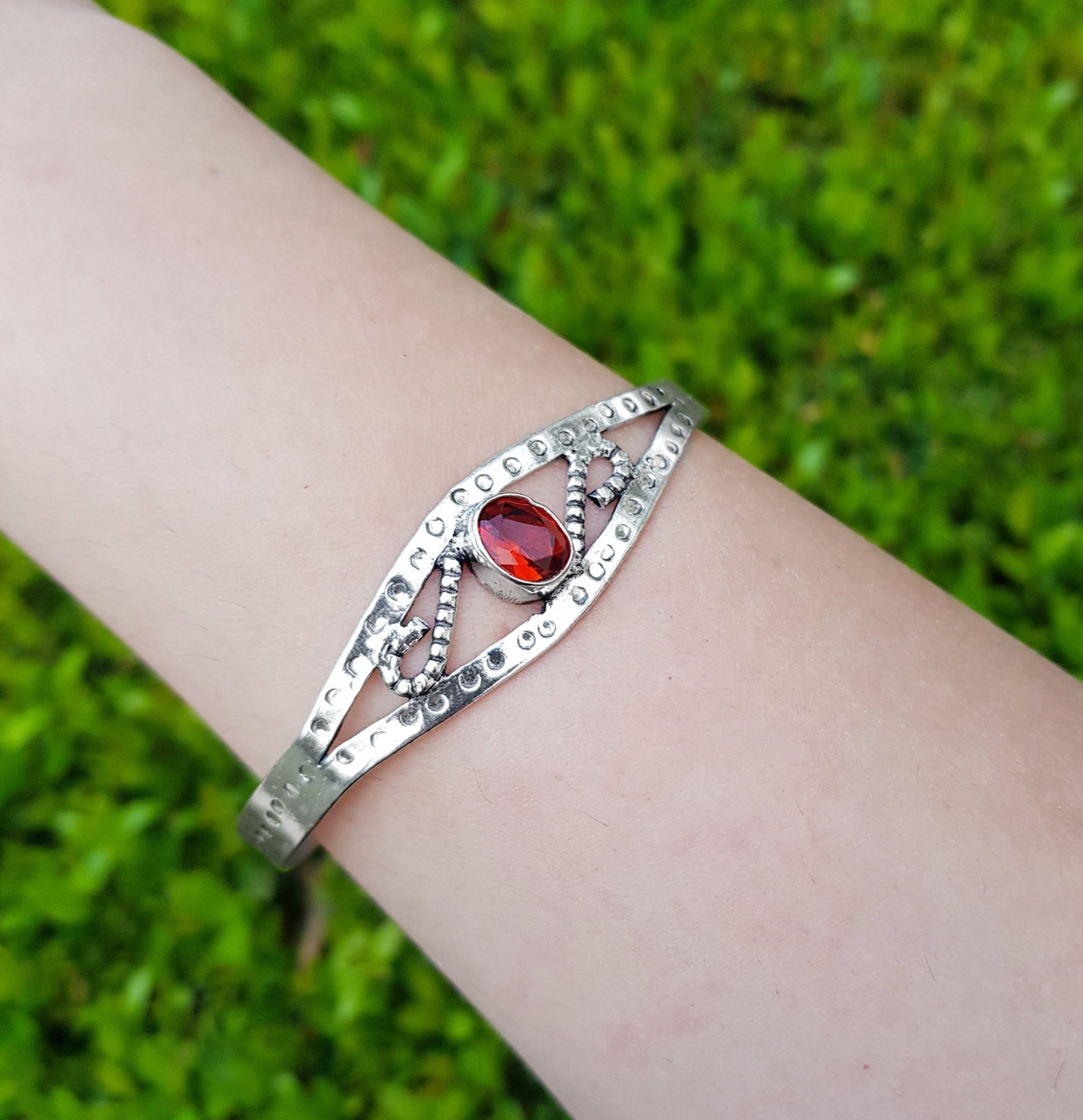 Adjustable Sterling Silver Bracelet: Rustic Red Glass Boho Cuff - LunarGem - Bracelets