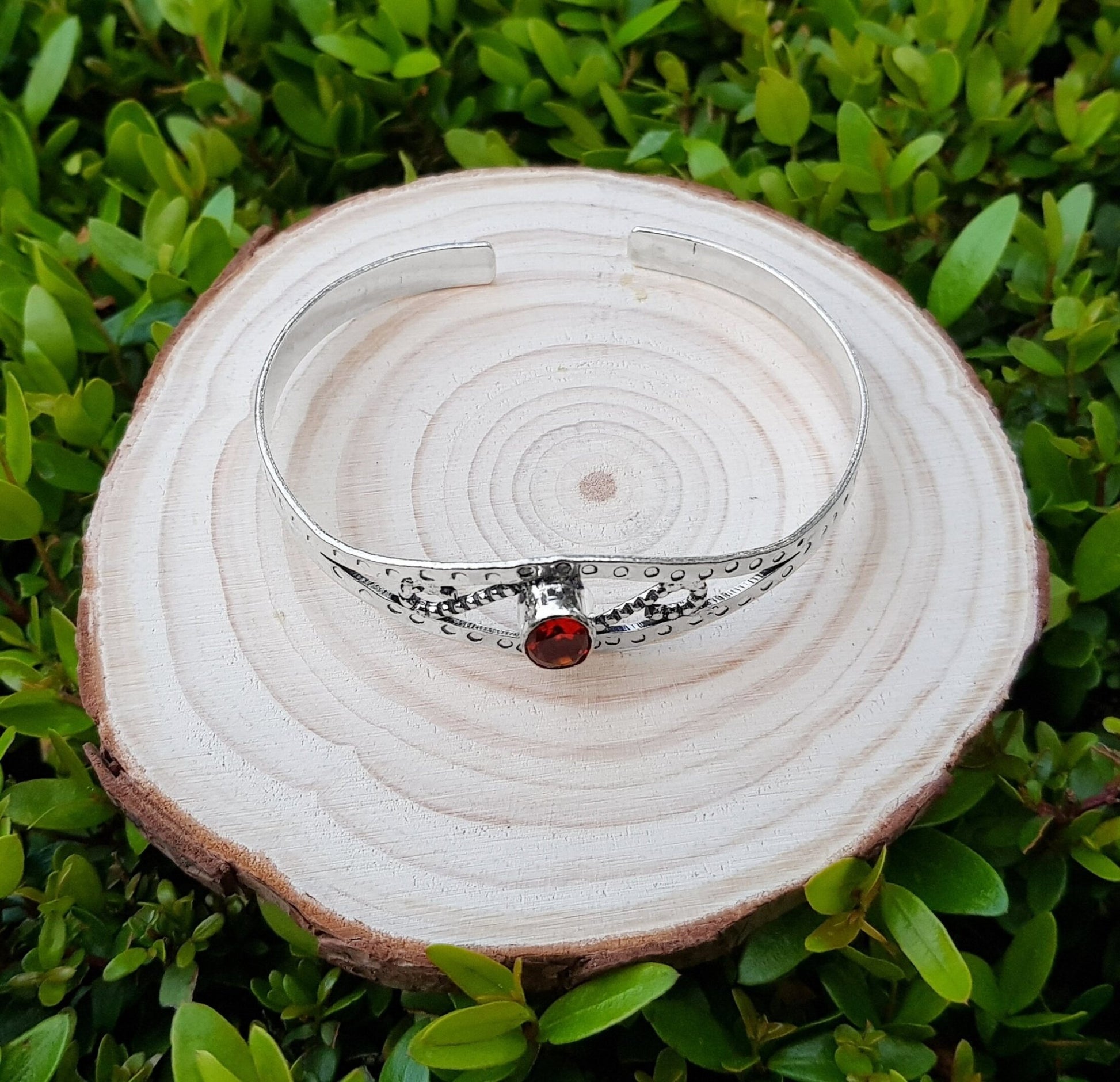 Adjustable Sterling Silver Bracelet: Rustic Red Glass Boho Cuff - LunarGem - Bracelets