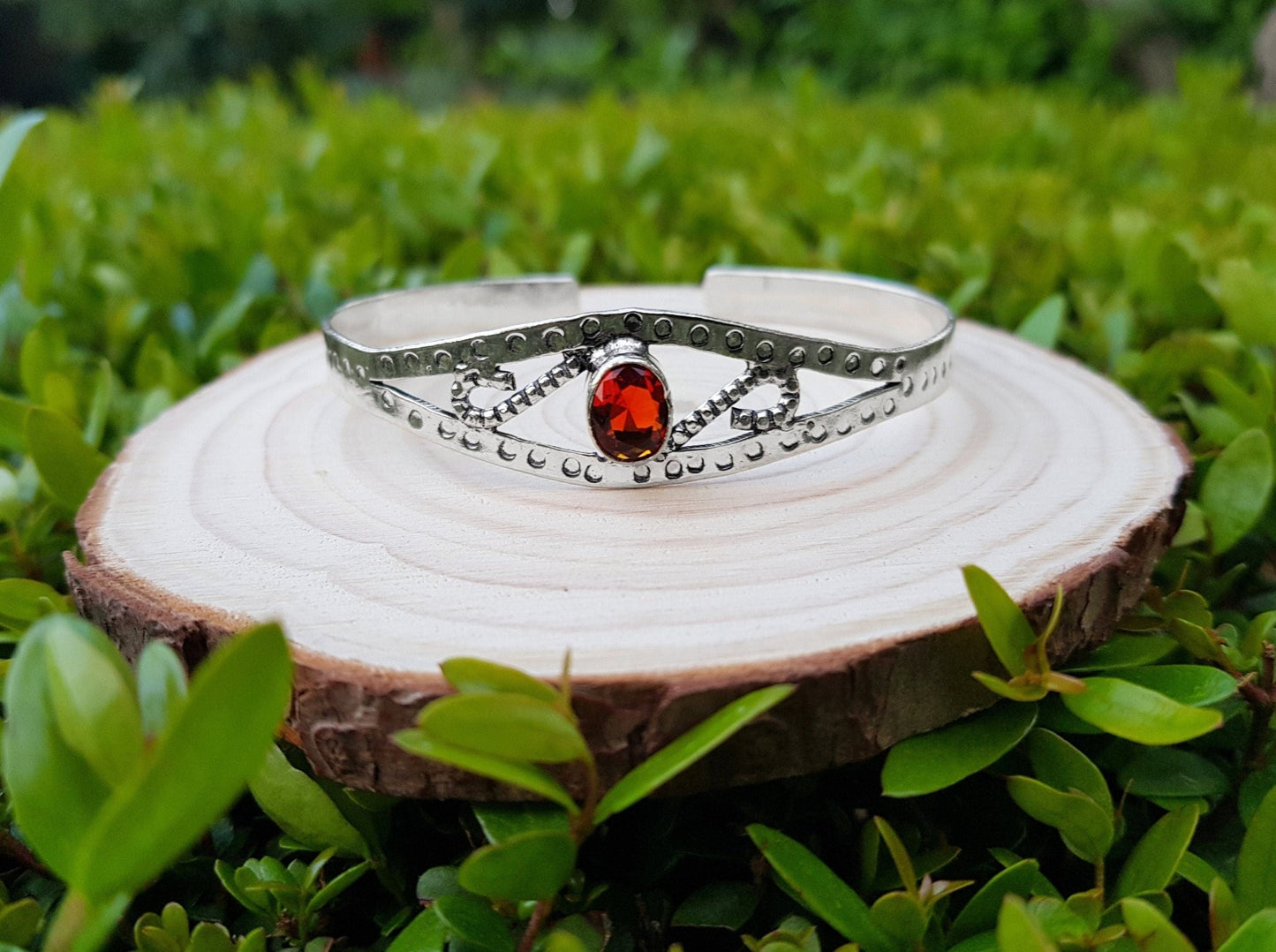 Adjustable Sterling Silver Bracelet: Rustic Red Glass Boho Cuff - LunarGem - Bracelets