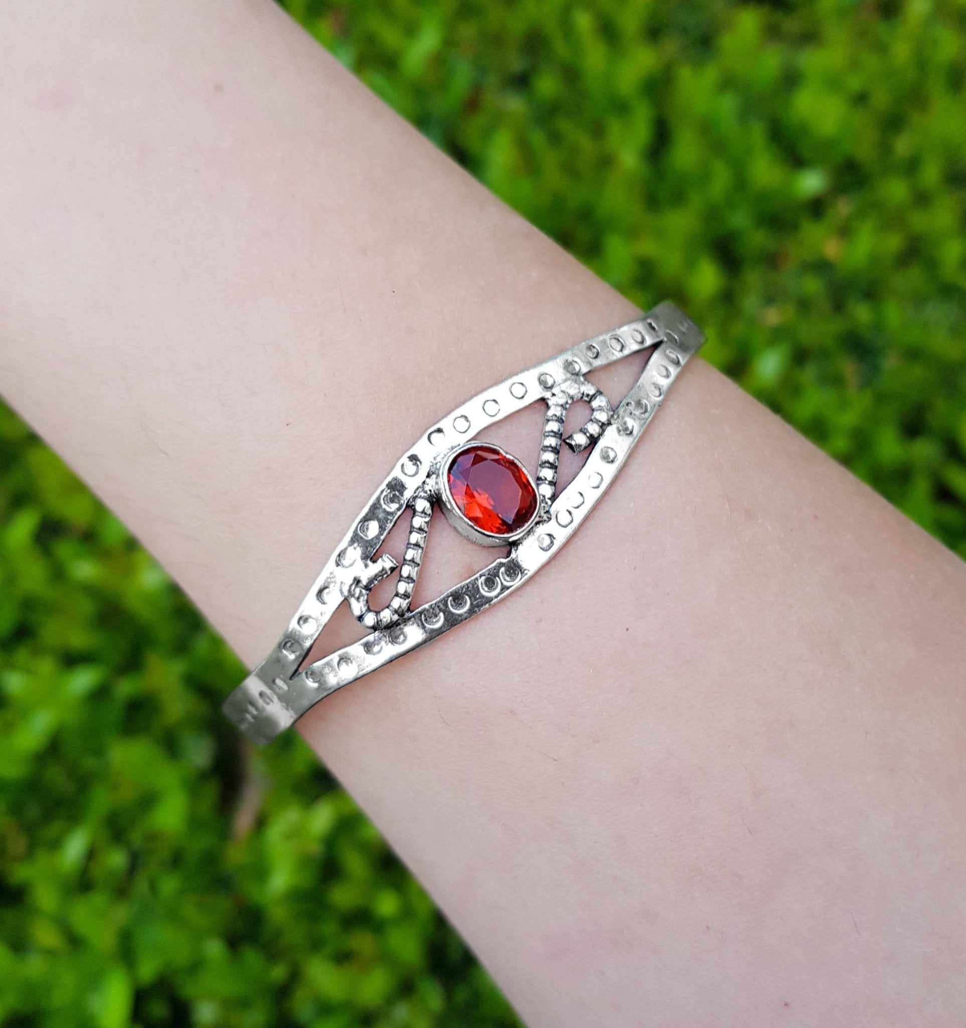 Adjustable Sterling Silver Bracelet: Rustic Red Glass Boho Cuff - LunarGem - Bracelets