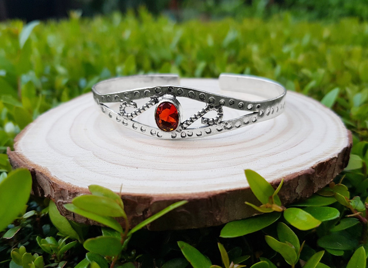 Adjustable Sterling Silver Bracelet: Rustic Red Glass Boho Cuff - LunarGem - Bracelets