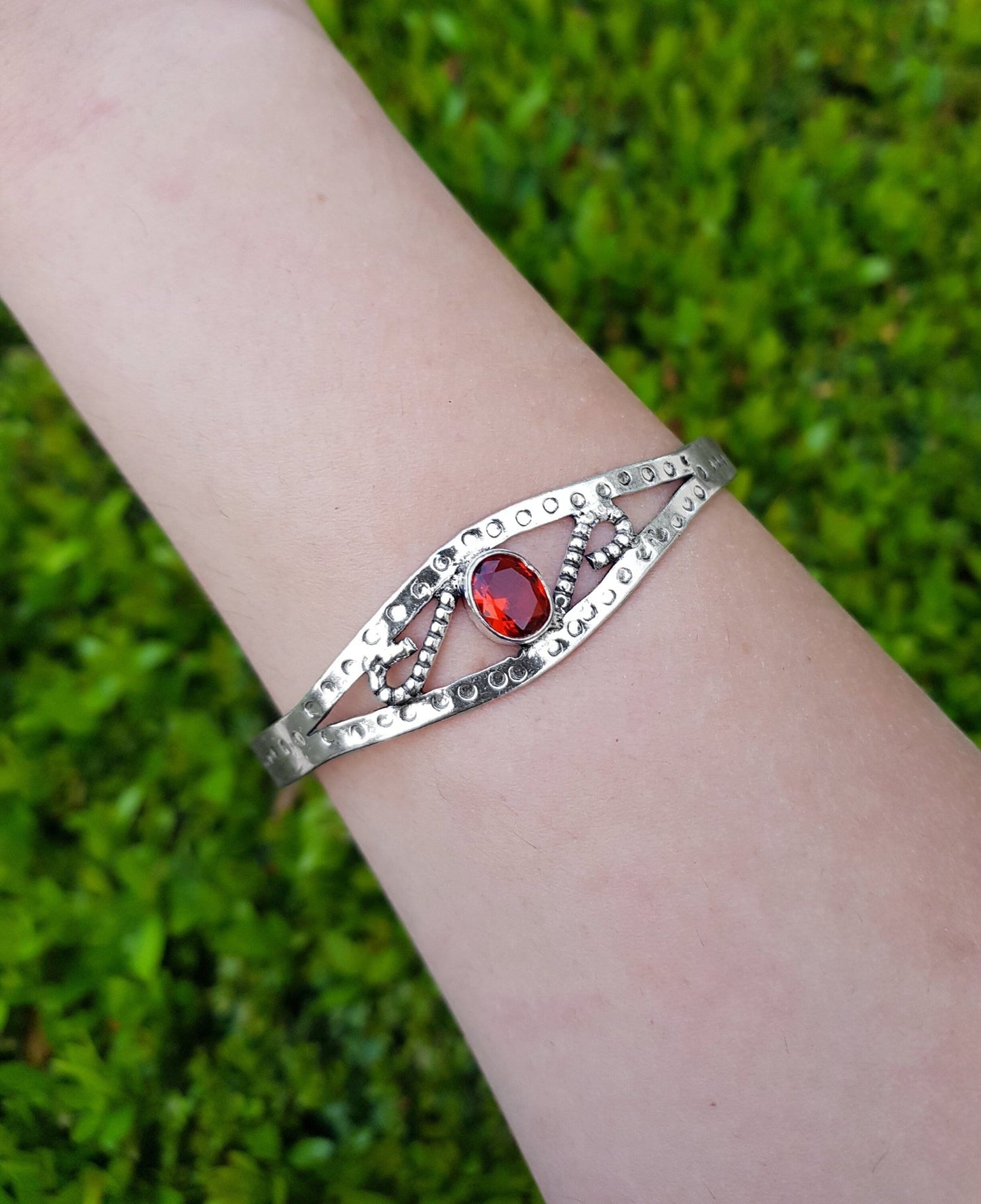 Adjustable Sterling Silver Bracelet: Rustic Red Glass Boho Cuff - LunarGem - Bracelets