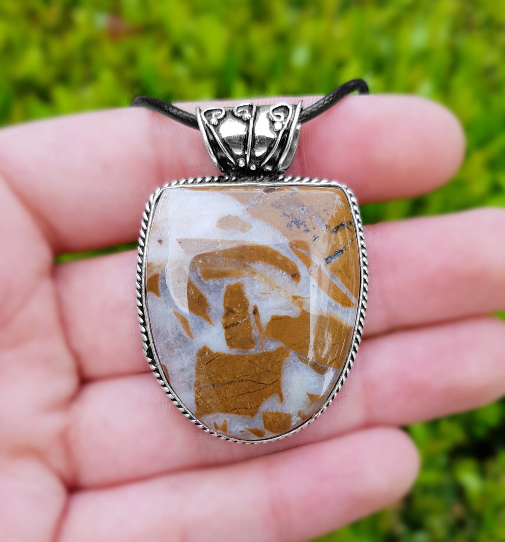 African Tiger Jasper Sterling Silver Necklace: Boho Gemstone Pendant - LunarGem - Necklaces