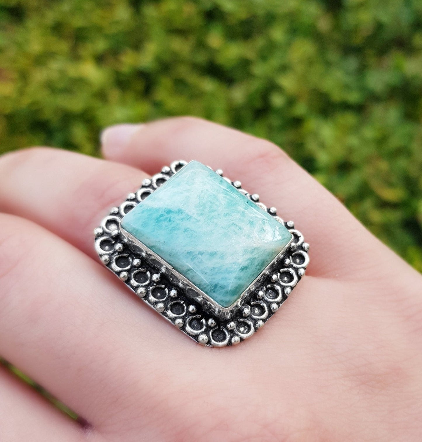 Amazonite Statement Ring, Sterling Silver Boho Jewelry, US Size 8 - LunarGem - 