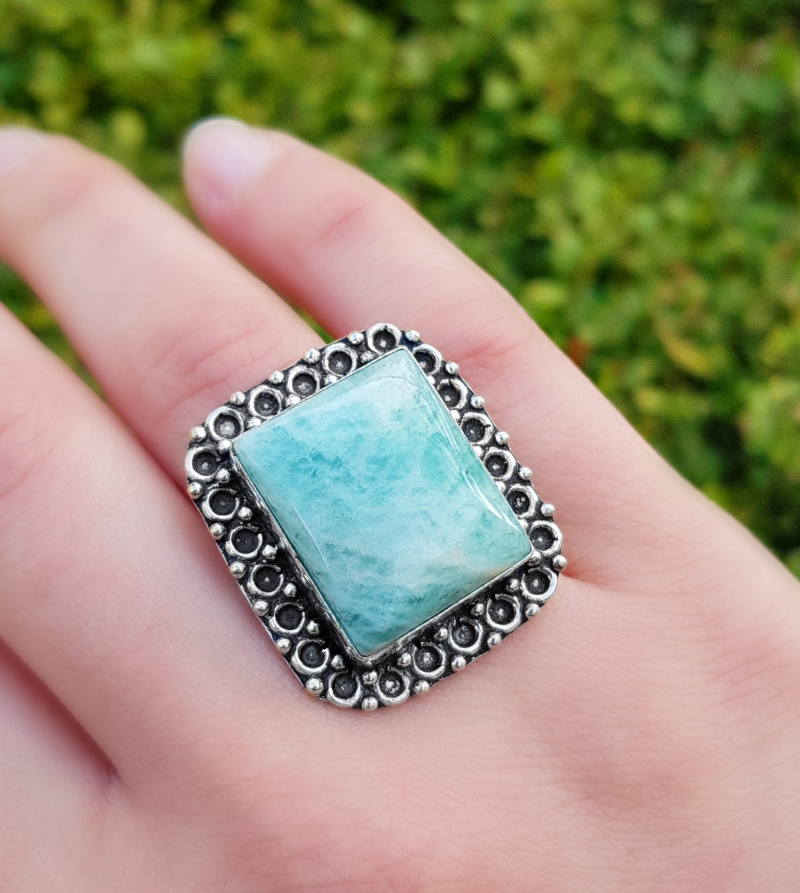 Amazonite Statement Ring, Sterling Silver Boho Jewelry, US Size 8 - LunarGem - 