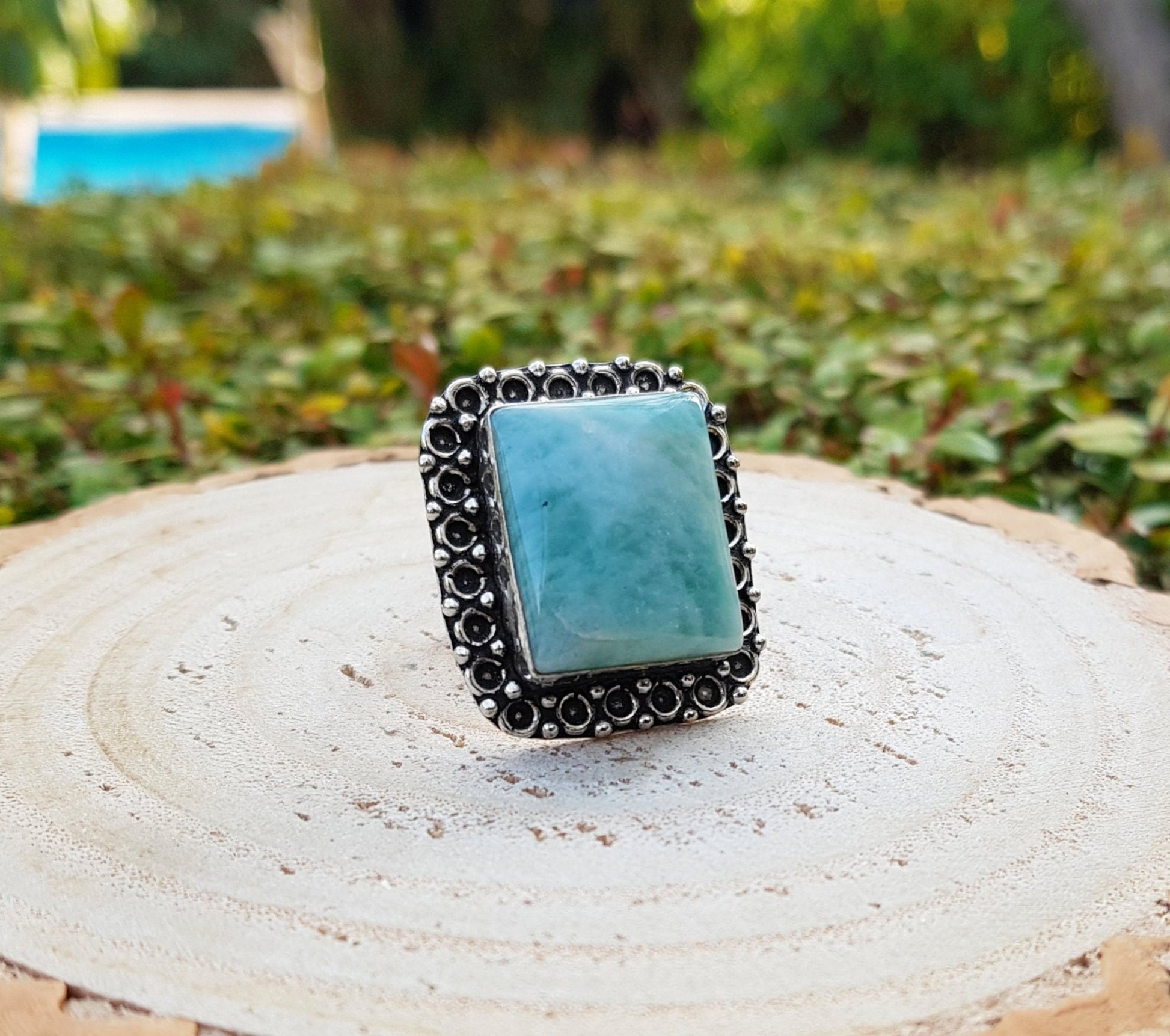 Amazonite Statement Ring, Sterling Silver Boho Jewelry, US Size 8 - LunarGem - 