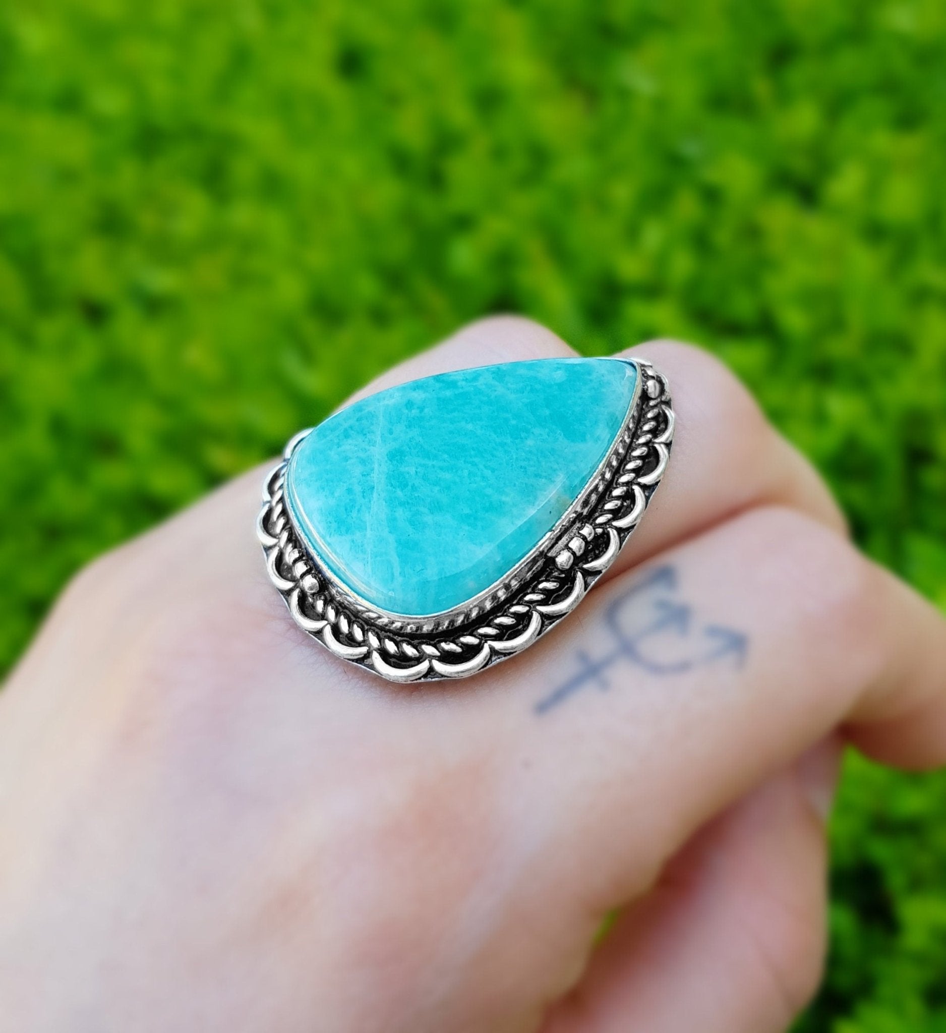 Amazonite Statement Ring, Sterling Silver Boho Ring, Size 7 3/4 - LunarGem - Rings