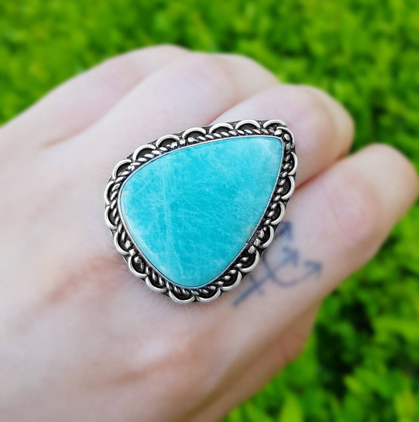 Amazonite Statement Ring, Sterling Silver Boho Ring, Size 7 3/4 - LunarGem - Rings