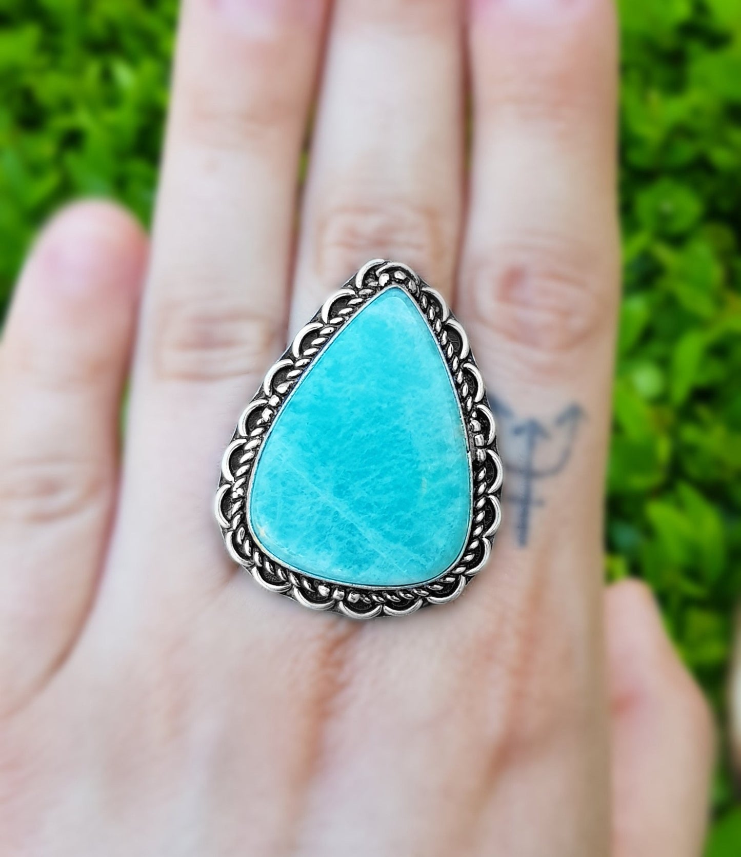 Amazonite Statement Ring, Sterling Silver Boho Ring, Size 7 3/4 - LunarGem - Rings