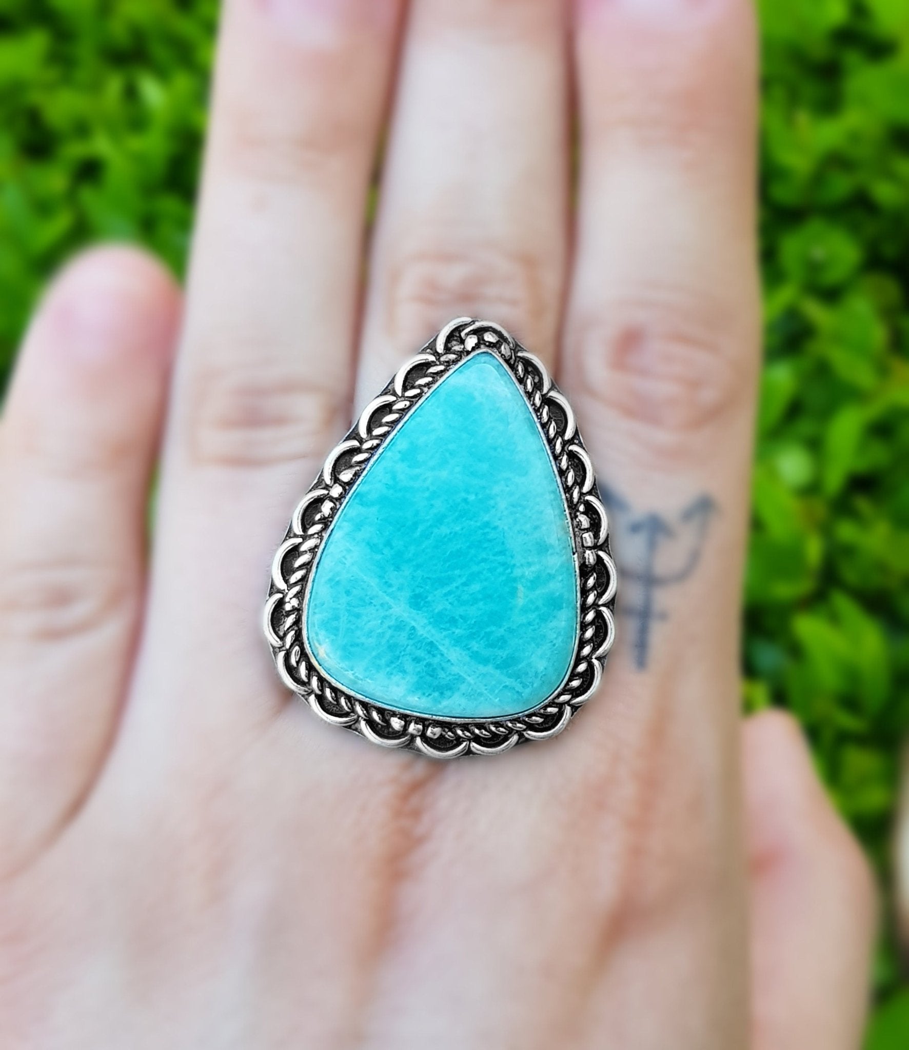 Amazonite Statement Ring, Sterling Silver Boho Ring, Size 7 3/4 - LunarGem - Rings
