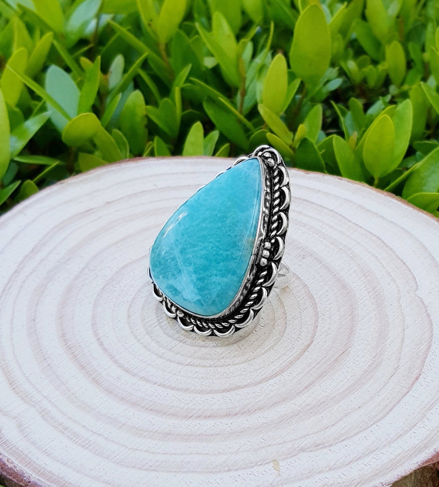 Amazonite Statement Ring, Sterling Silver Boho Ring, Size 7 3/4 - LunarGem - Rings
