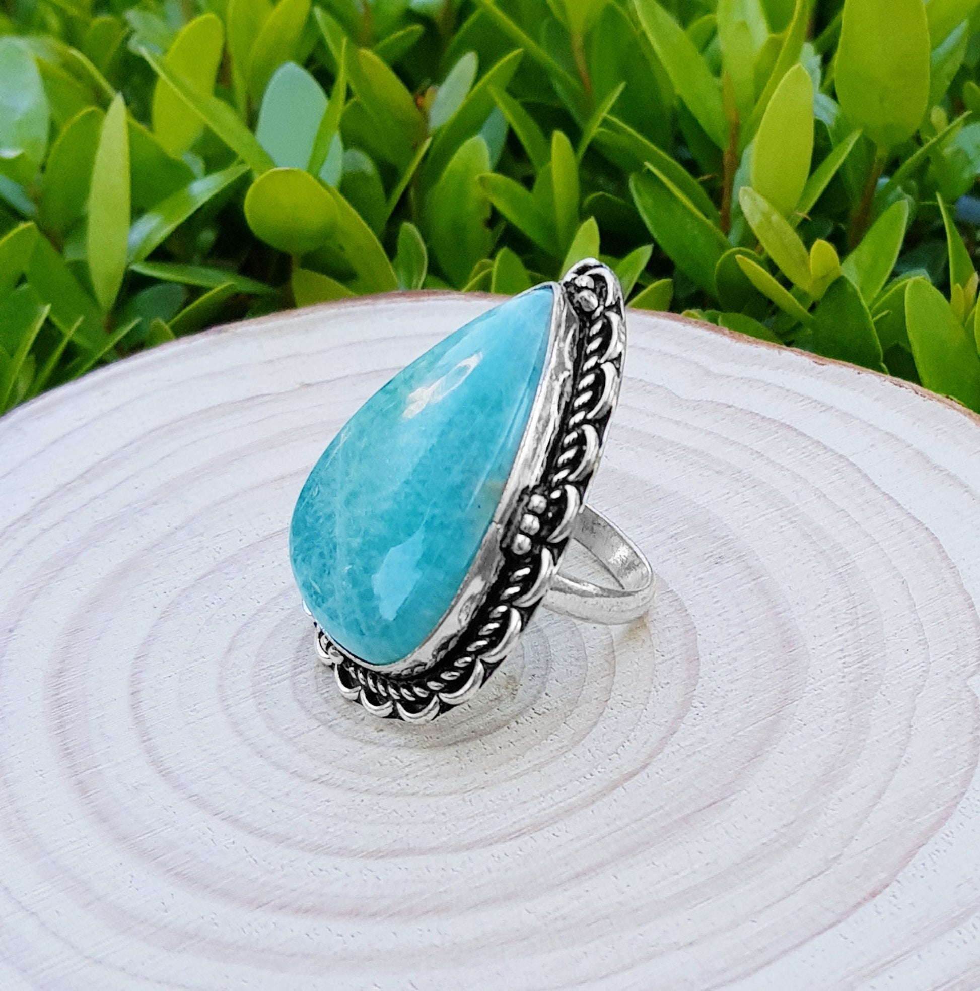 Amazonite Statement Ring, Sterling Silver Boho Ring, Size 7 3/4 - LunarGem - Rings