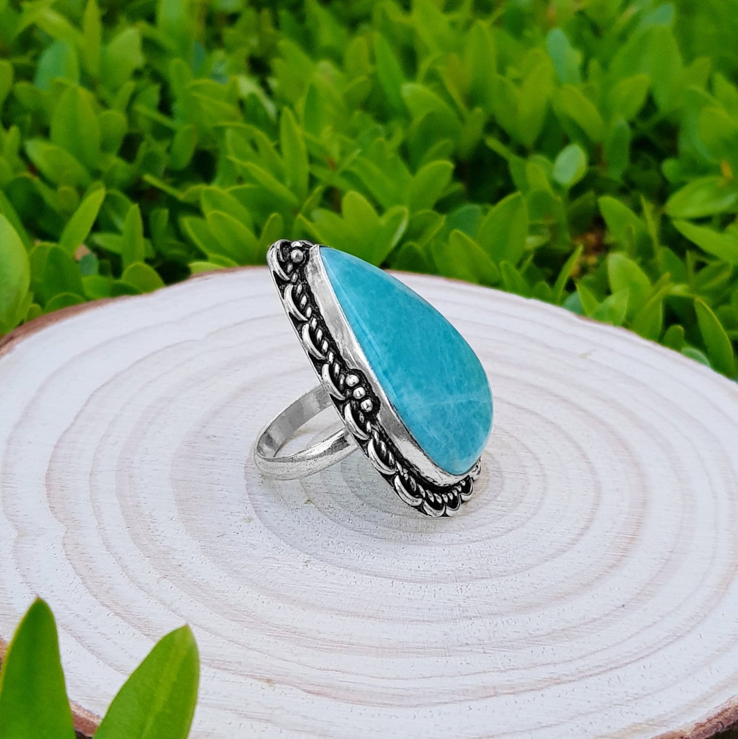 Amazonite Statement Ring, Sterling Silver Boho Ring, Size 7 3/4 - LunarGem - Rings