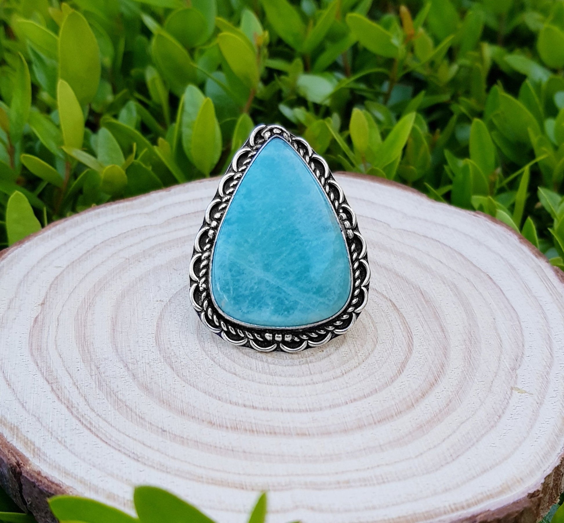 Amazonite Statement Ring, Sterling Silver Boho Ring, Size 7 3/4 - LunarGem - Rings