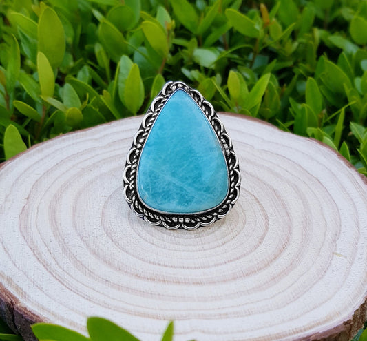 Amazonite Statement Ring, Sterling Silver Boho Ring, Size 7 3/4 - LunarGem - Rings