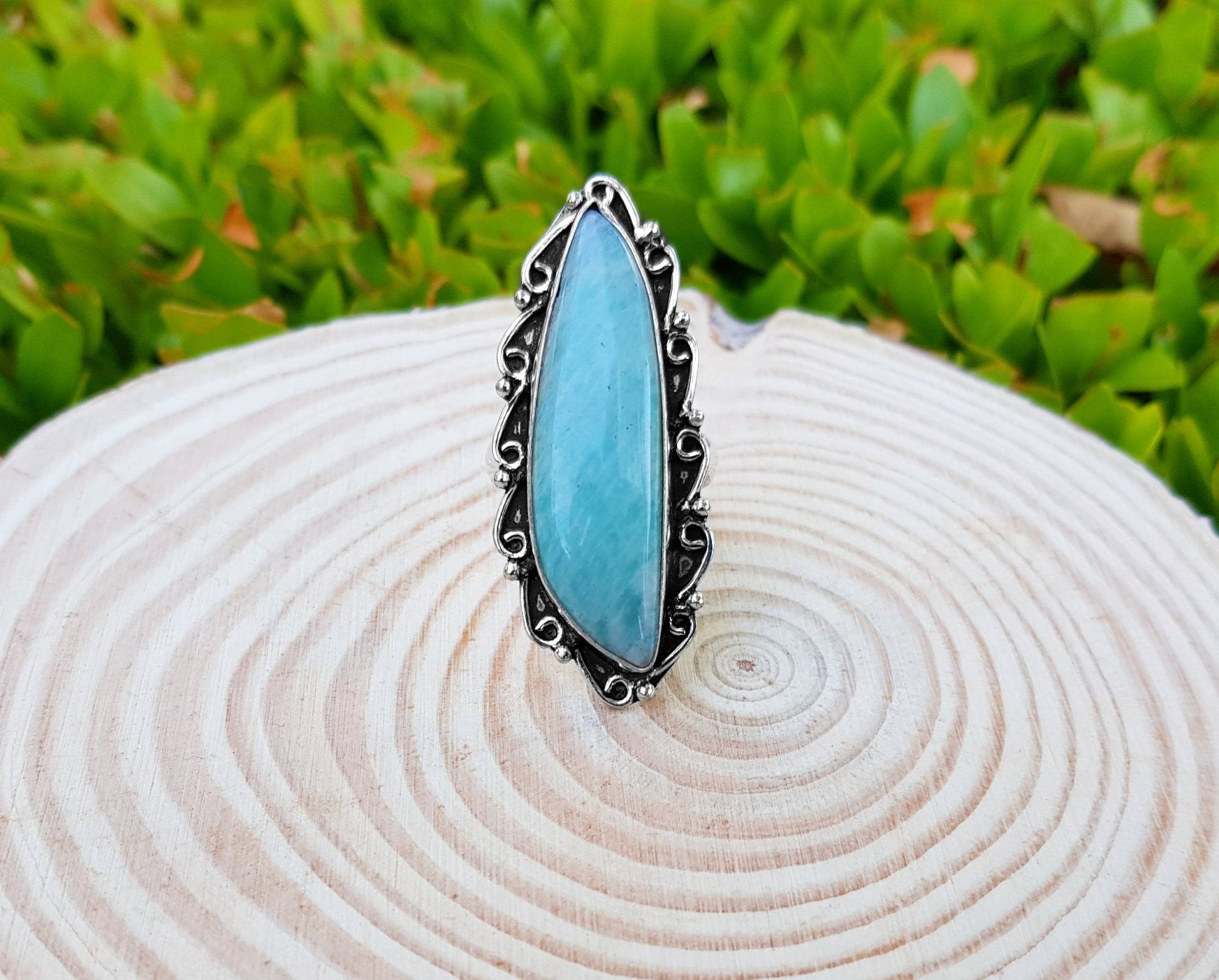 Amazonite Statement Ring, Sterling Silver Boho Ring, US Size 7 3/4 - LunarGem - 