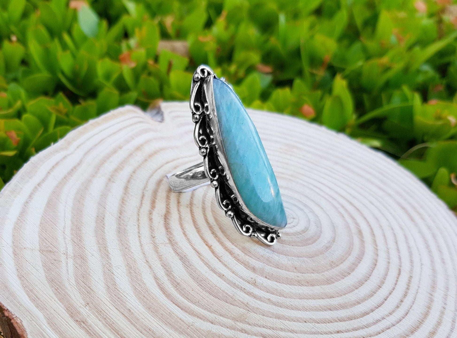 Amazonite Statement Ring, Sterling Silver Boho Ring, US Size 7 3/4 - LunarGem - 