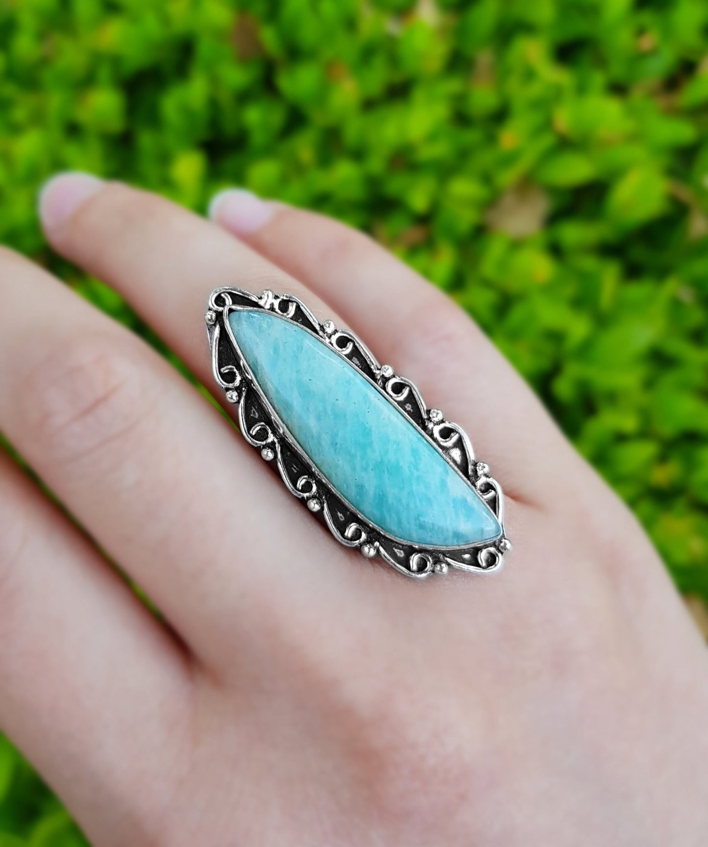 Amazonite Statement Ring, Sterling Silver Boho Ring, US Size 7 3/4 - LunarGem - 