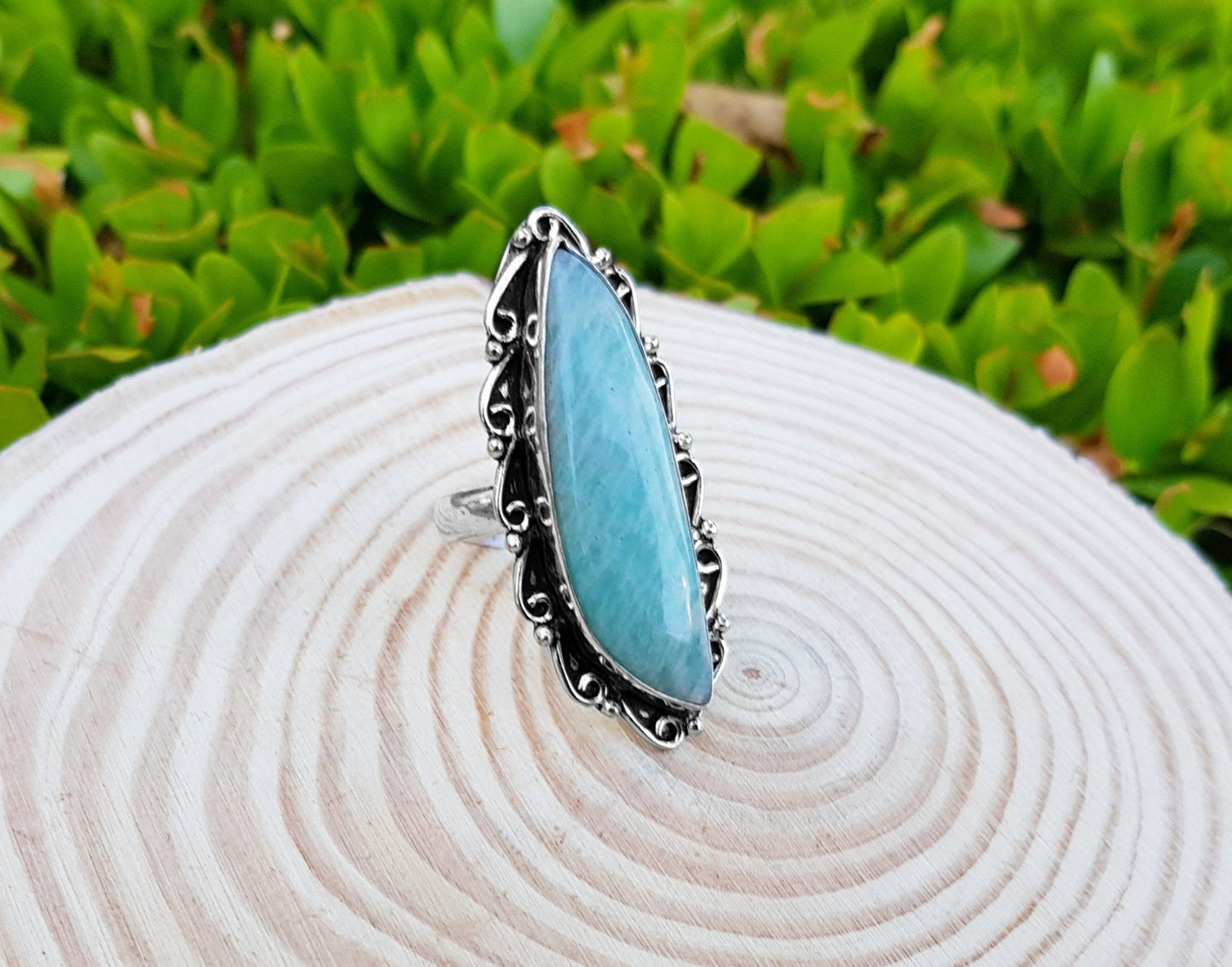 Amazonite Statement Ring, Sterling Silver Boho Ring, US Size 7 3/4 - LunarGem - 