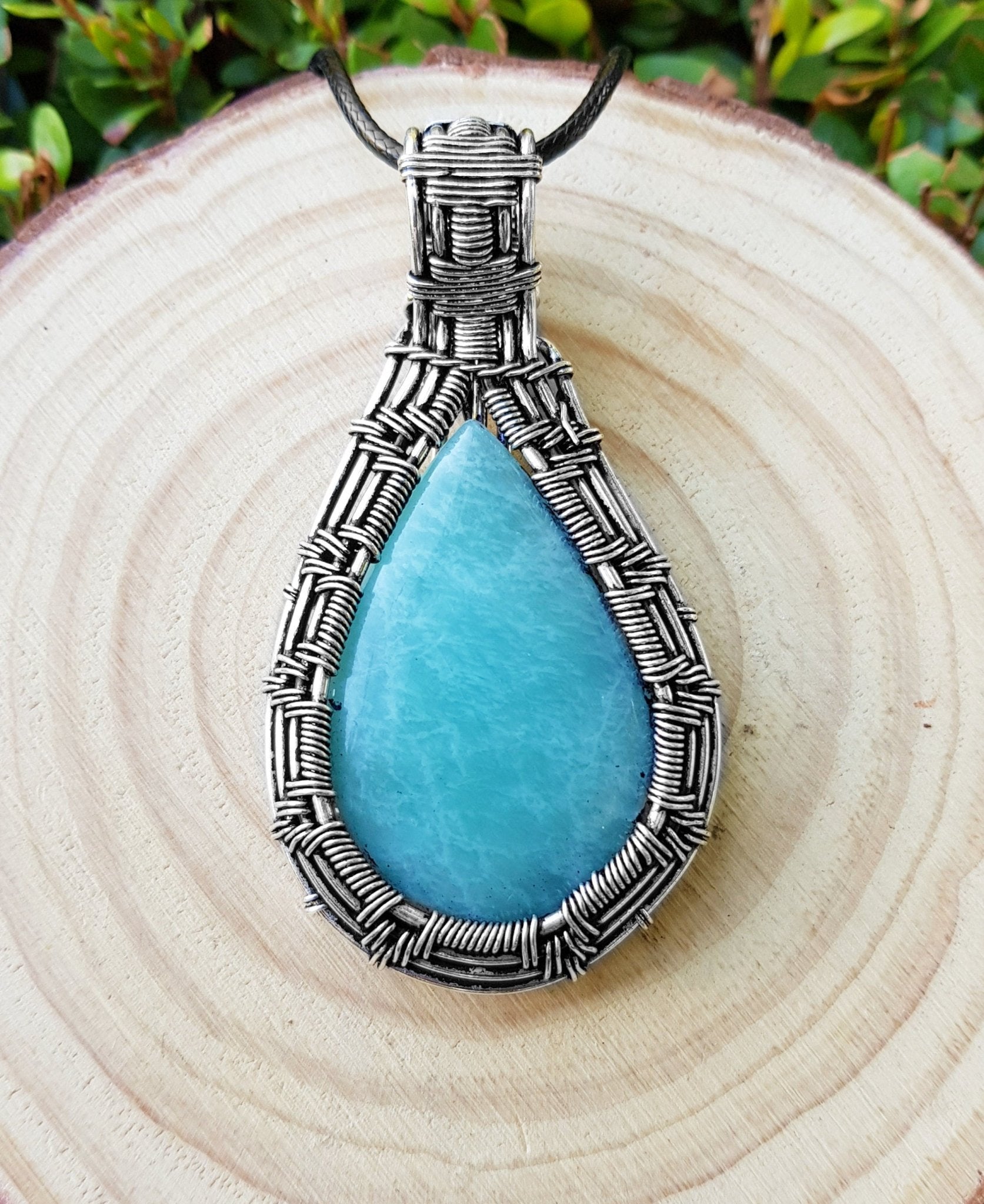 Amazonite Sterling Silver Wire Wrapped Pendant Necklace: Handmade Boho Jewelry - LunarGem - Charms & Pendants