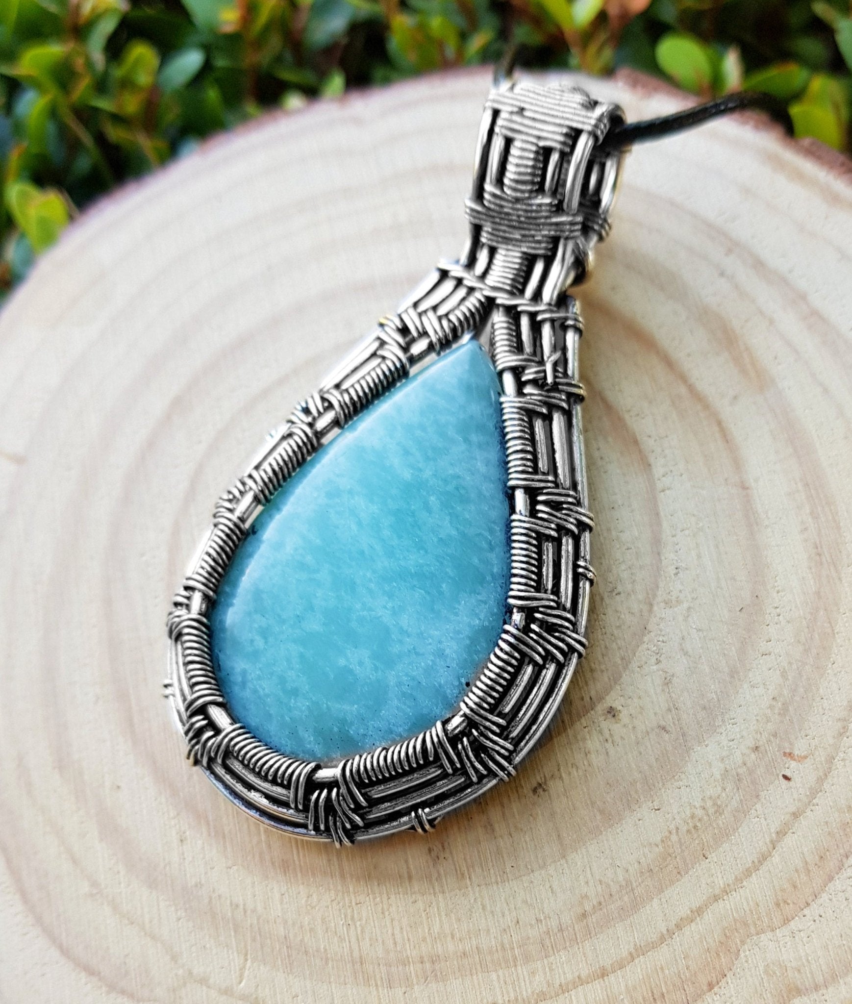 Amazonite Sterling Silver Wire Wrapped Pendant Necklace: Handmade Boho Jewelry - LunarGem - Charms & Pendants
