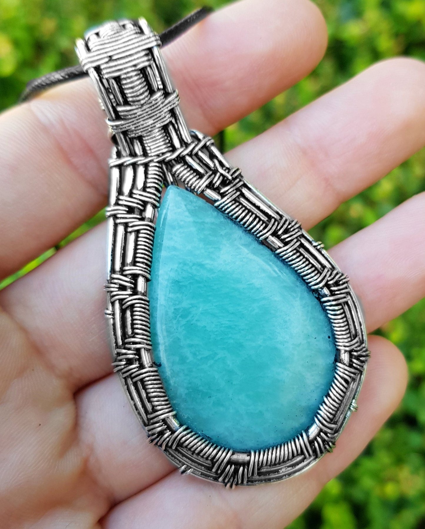 Amazonite Sterling Silver Wire Wrapped Pendant Necklace: Handmade Boho Jewelry - LunarGem - Charms & Pendants