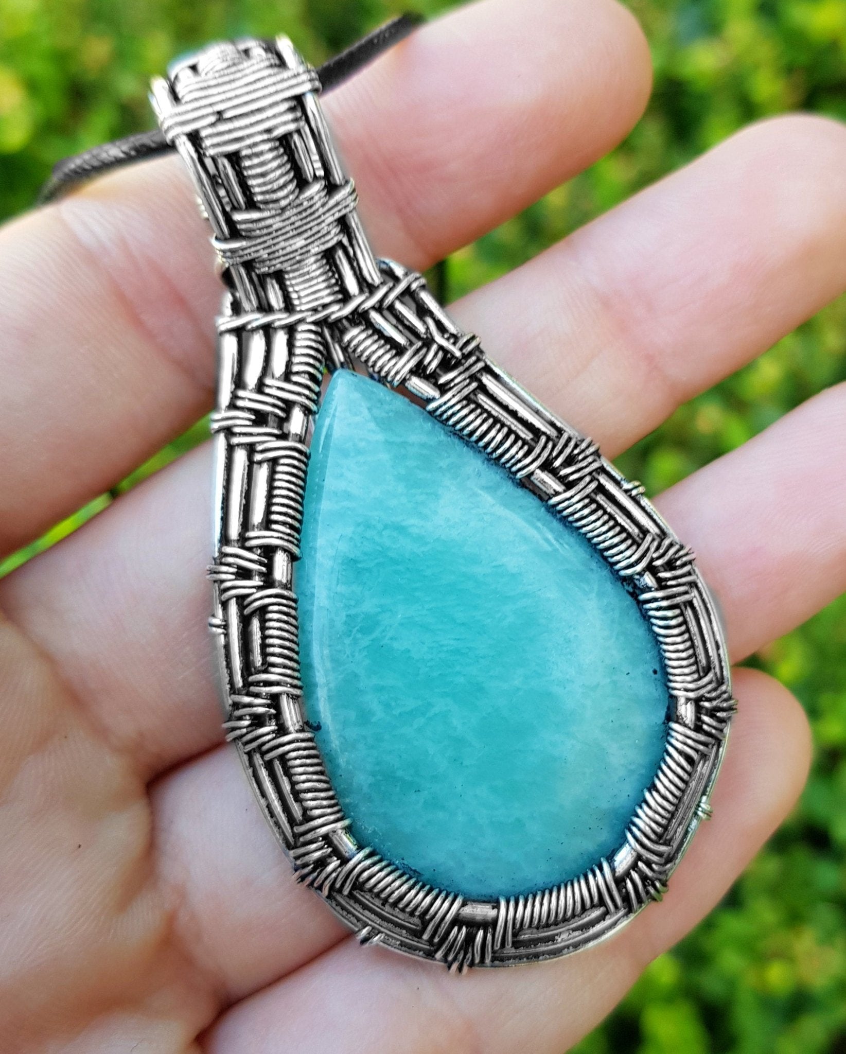 Amazonite Sterling Silver Wire Wrapped Pendant Necklace: Handmade Boho Jewelry - LunarGem - Charms & Pendants