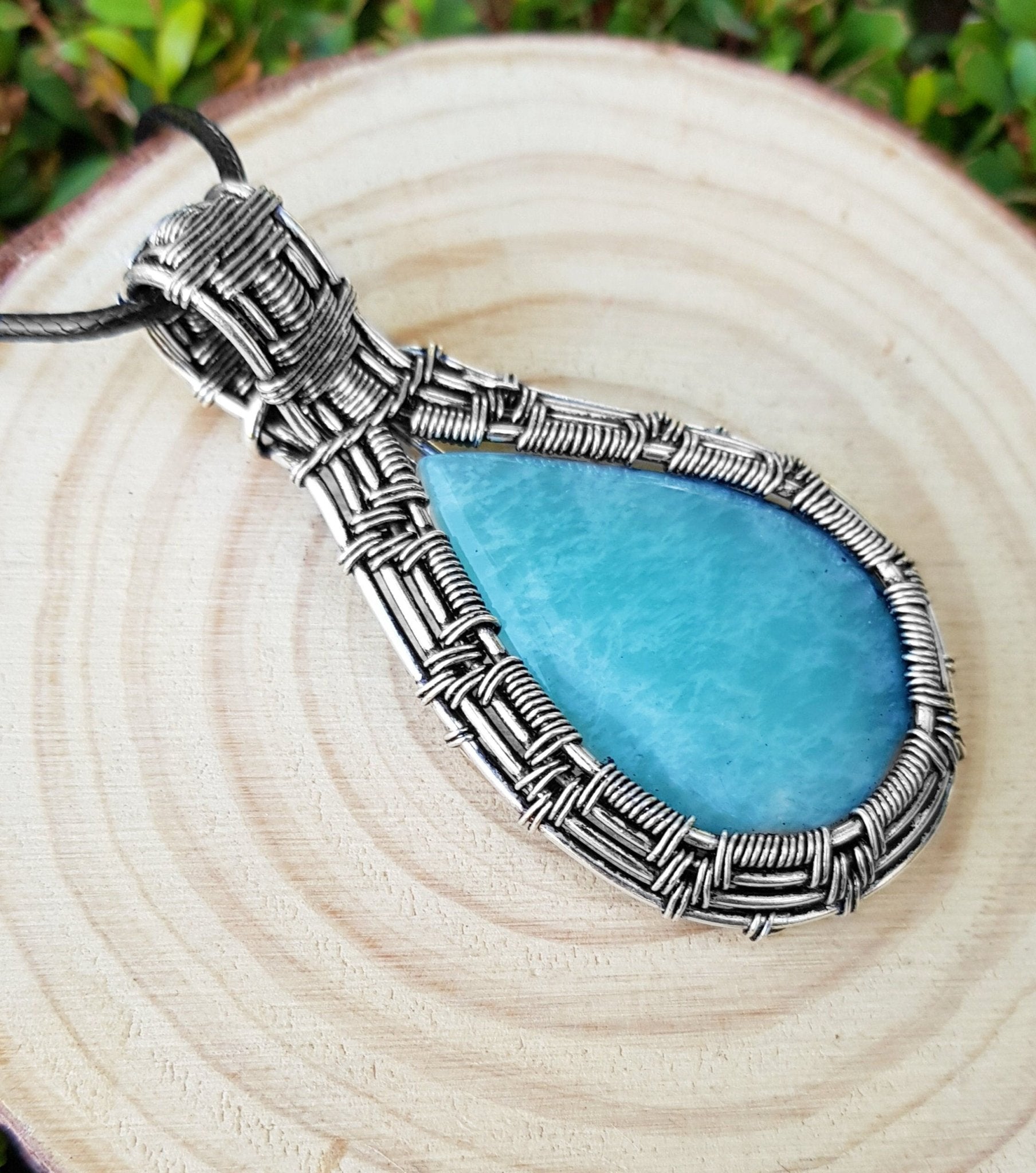 Amazonite Sterling Silver Wire Wrapped Pendant Necklace: Handmade Boho Jewelry - LunarGem - Charms & Pendants