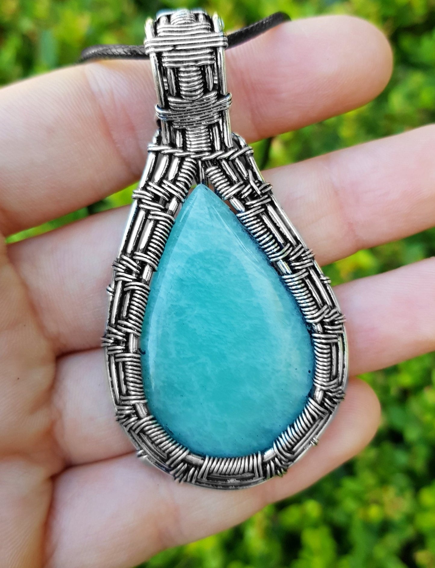 Amazonite Sterling Silver Wire Wrapped Pendant Necklace: Handmade Boho Jewelry - LunarGem - Charms & Pendants