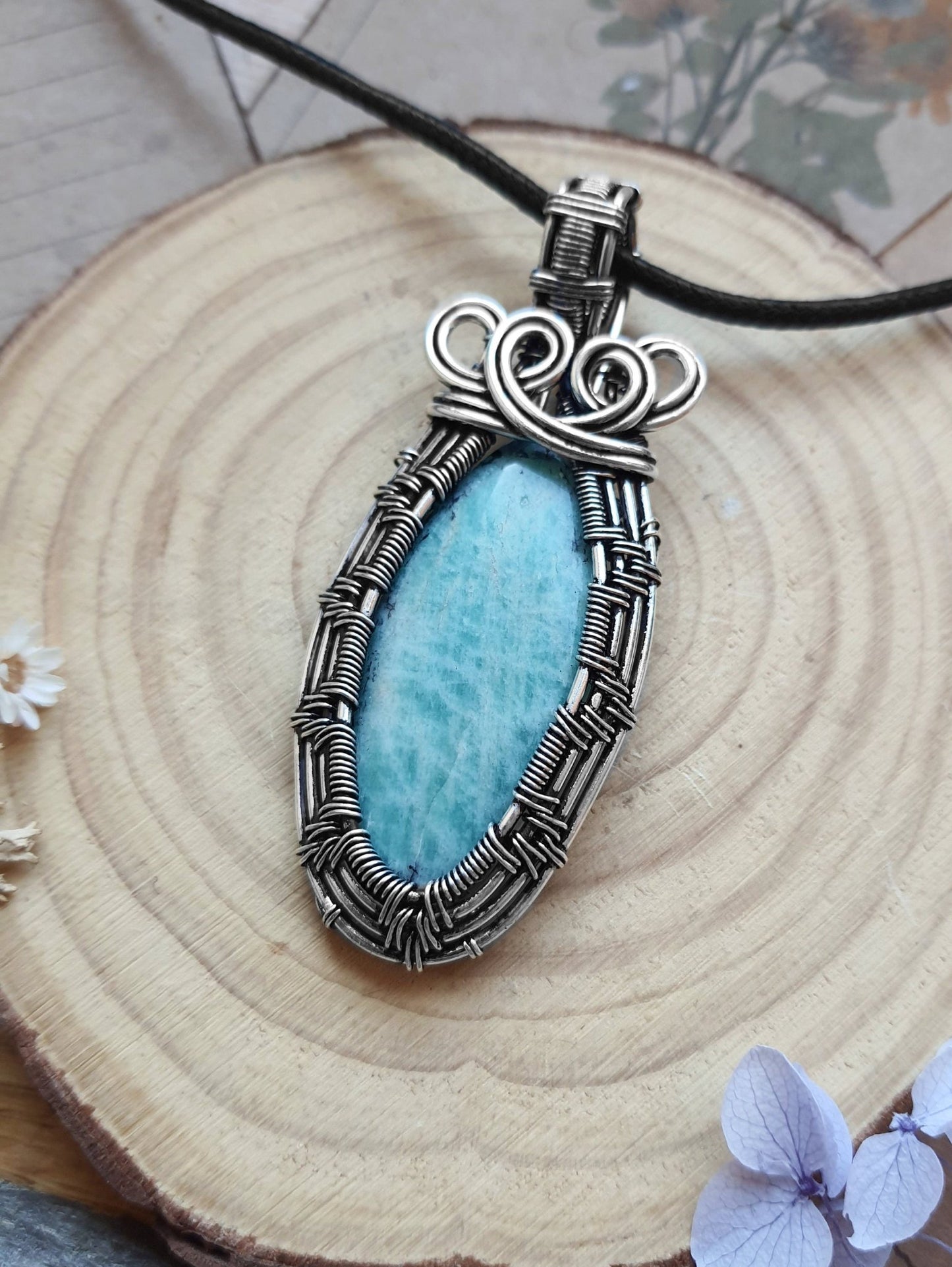 Amazonite Wire Wrapped Pendant In Sterling Silver Boho Necklace GypsyJewelry - LunarGem - 