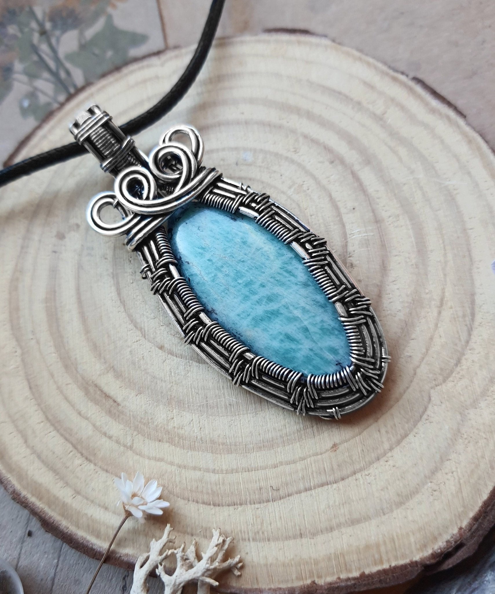 Amazonite Wire Wrapped Pendant In Sterling Silver Boho Necklace GypsyJewelry - LunarGem - 
