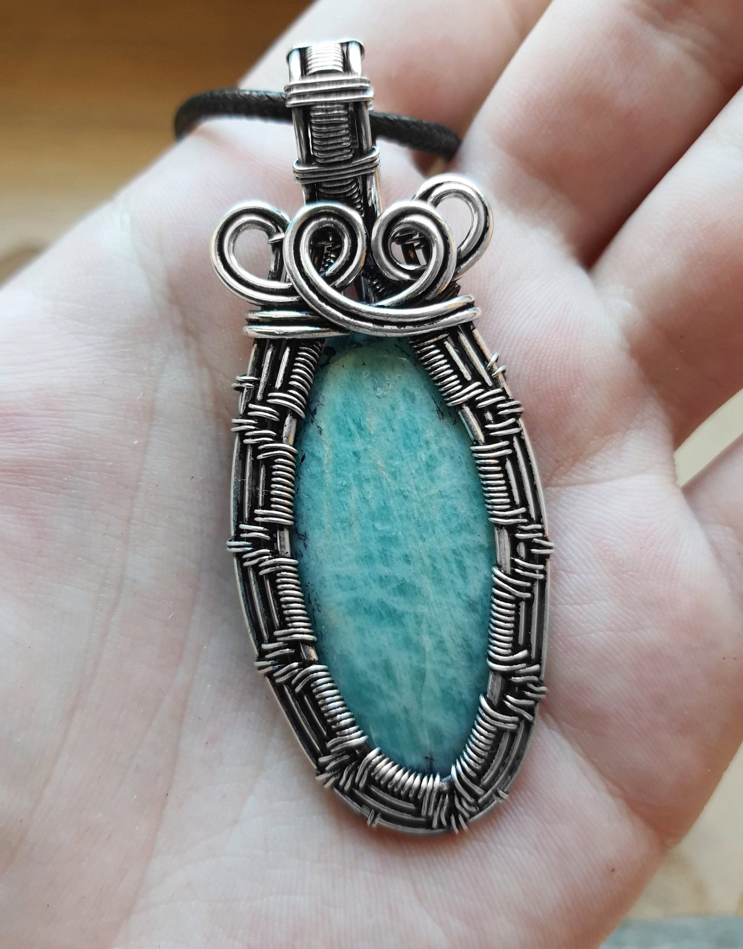 Amazonite Wire Wrapped Pendant In Sterling Silver Boho Necklace GypsyJewelry - LunarGem - 