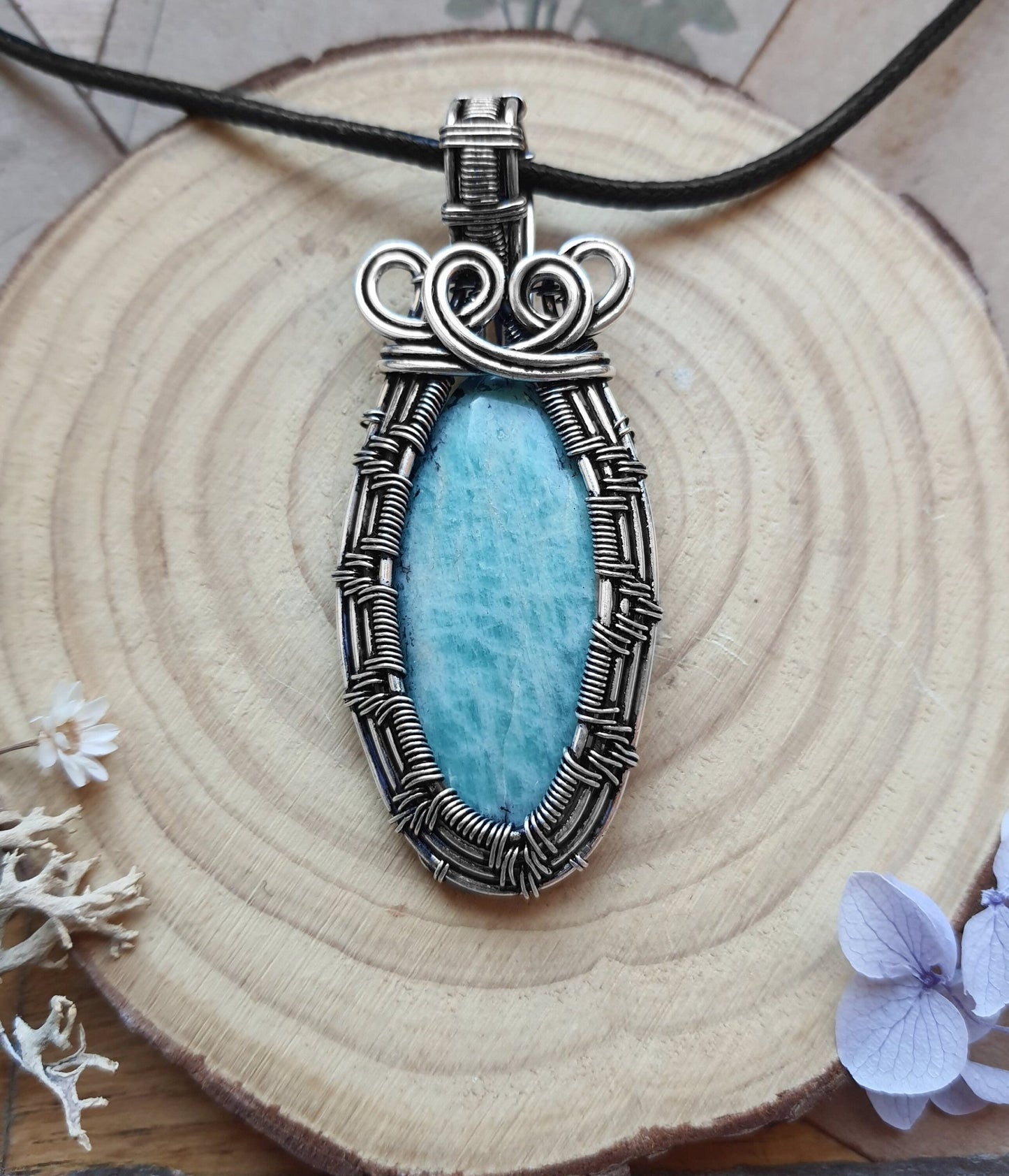 Amazonite Wire Wrapped Pendant In Sterling Silver Boho Necklace GypsyJewelry - LunarGem - 
