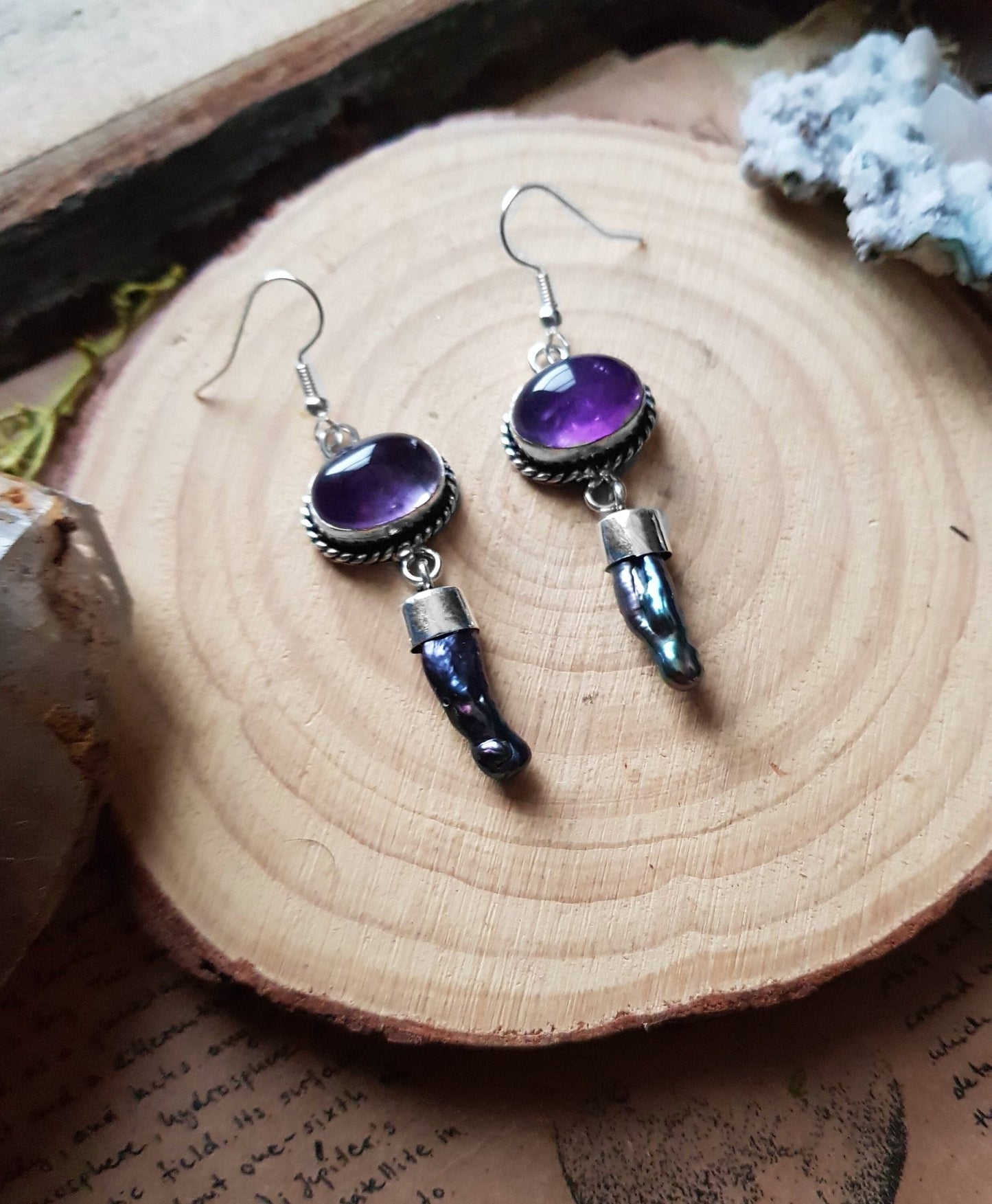 Amethyst Biwa Pearl Earrings: Sterling Silver Dangle Boho Jewelry - LunarGem - 