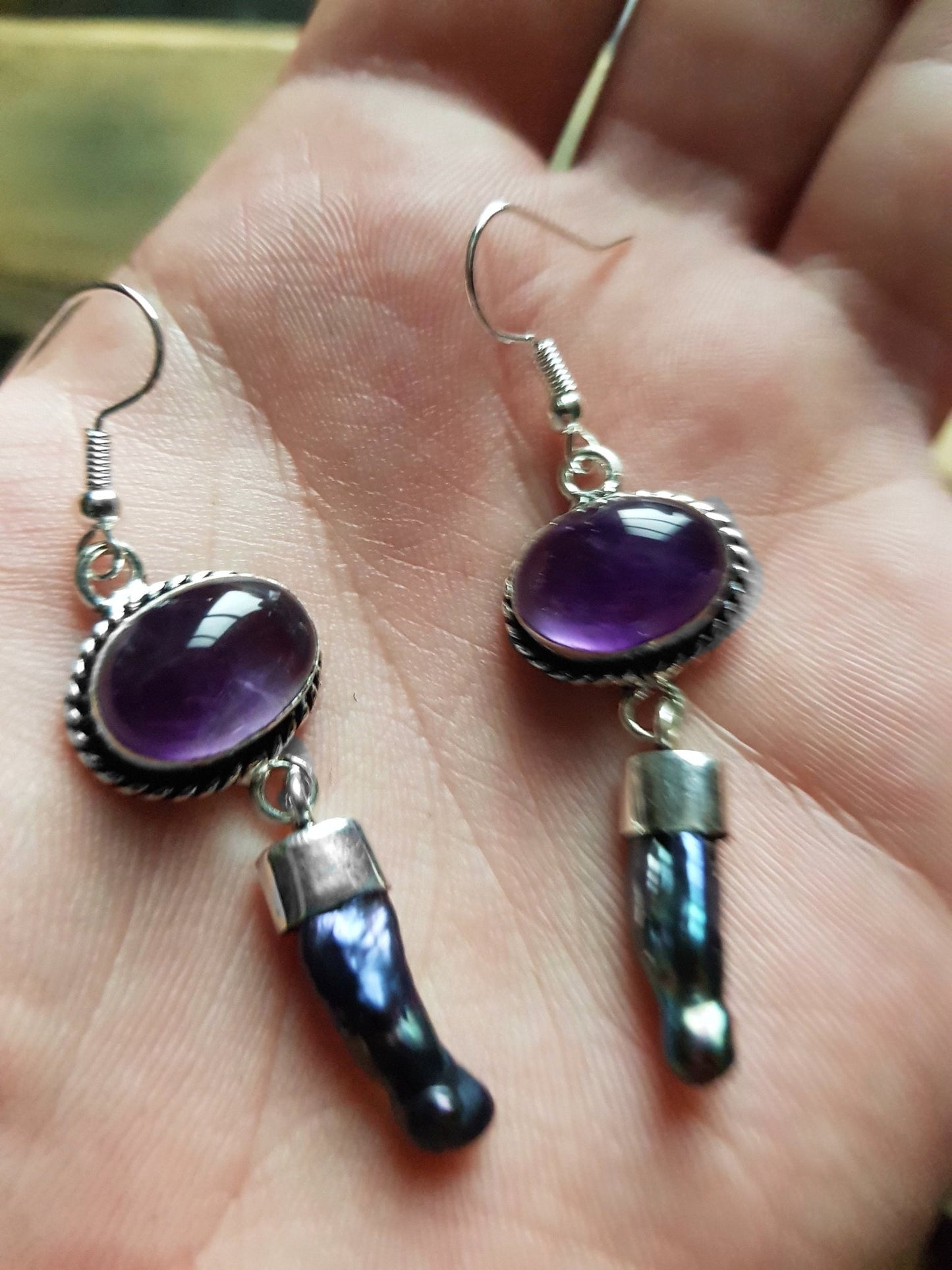Amethyst Biwa Pearl Earrings: Sterling Silver Dangle Boho Jewelry - LunarGem - 